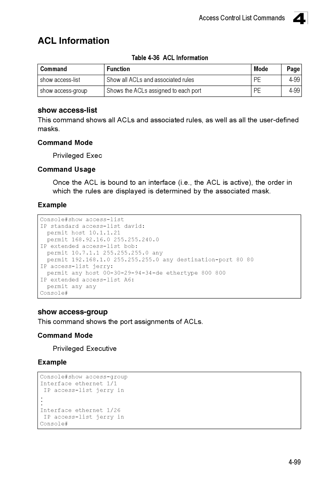 SMC Networks SMC8150L2 manual Show access-list, Show access-group, ACL Information Command Function Mode 