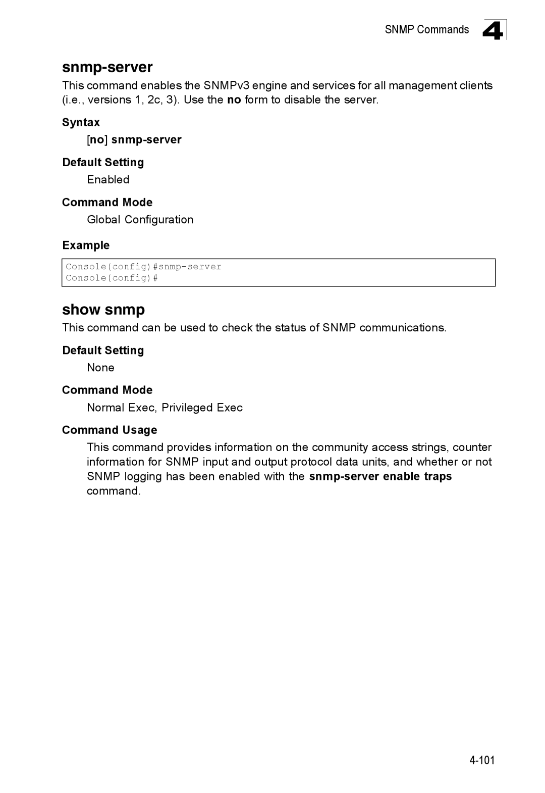 SMC Networks SMC8150L2 manual Snmp-server, Show snmp, Syntax No snmp-server Default Setting 