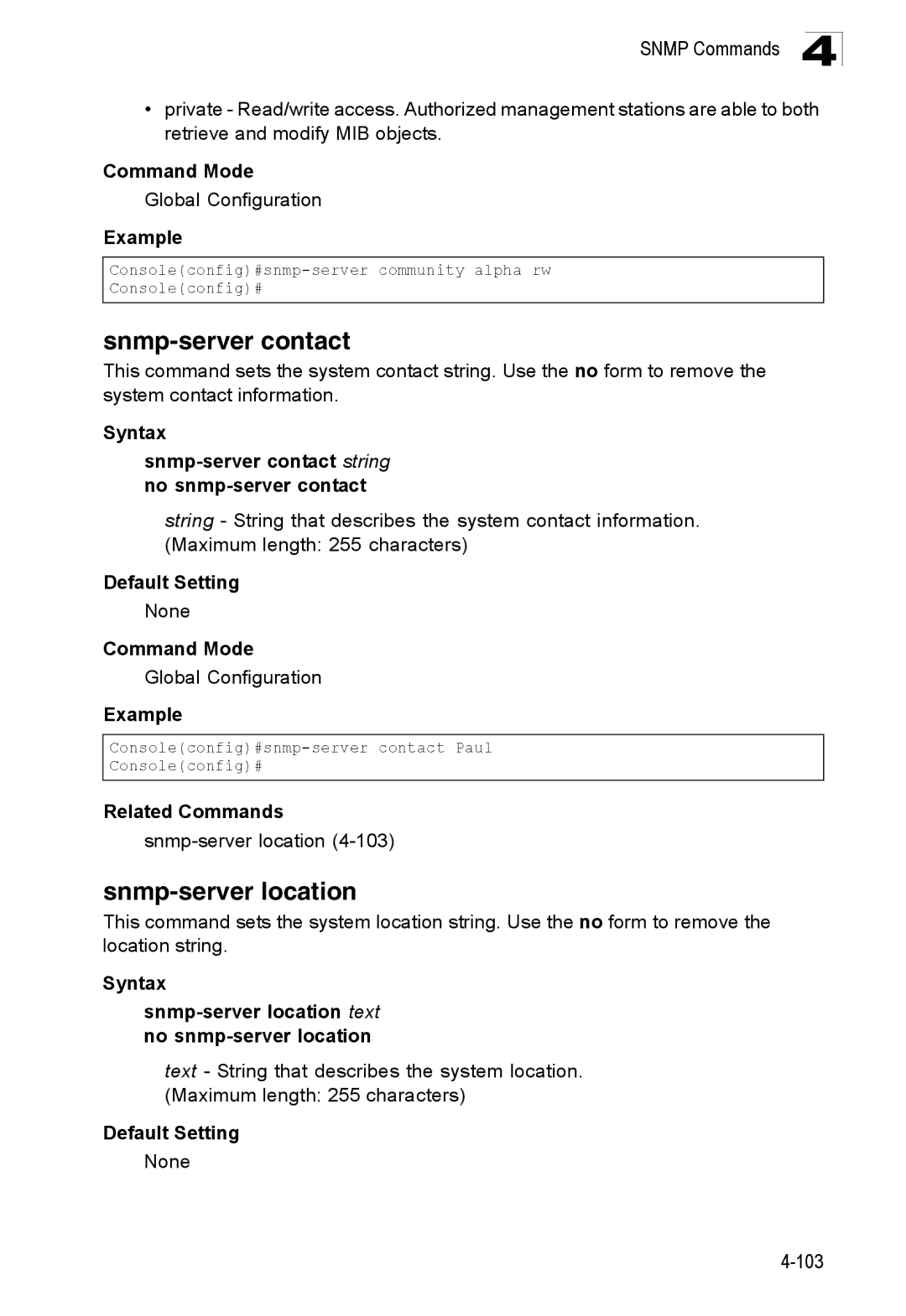 SMC Networks SMC8150L2 manual Snmp-server location, Syntax Snmp-server contact string no snmp-server contact 