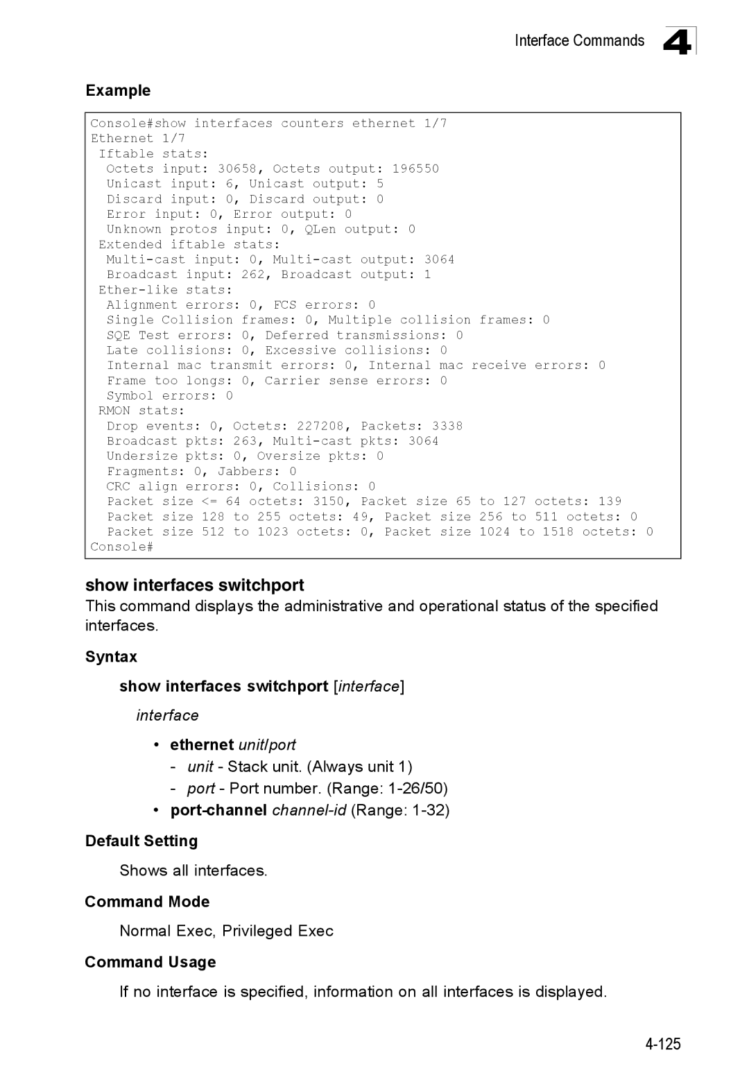 SMC Networks SMC8150L2 manual Syntax Show interfaces switchport interface, Shows all interfaces 