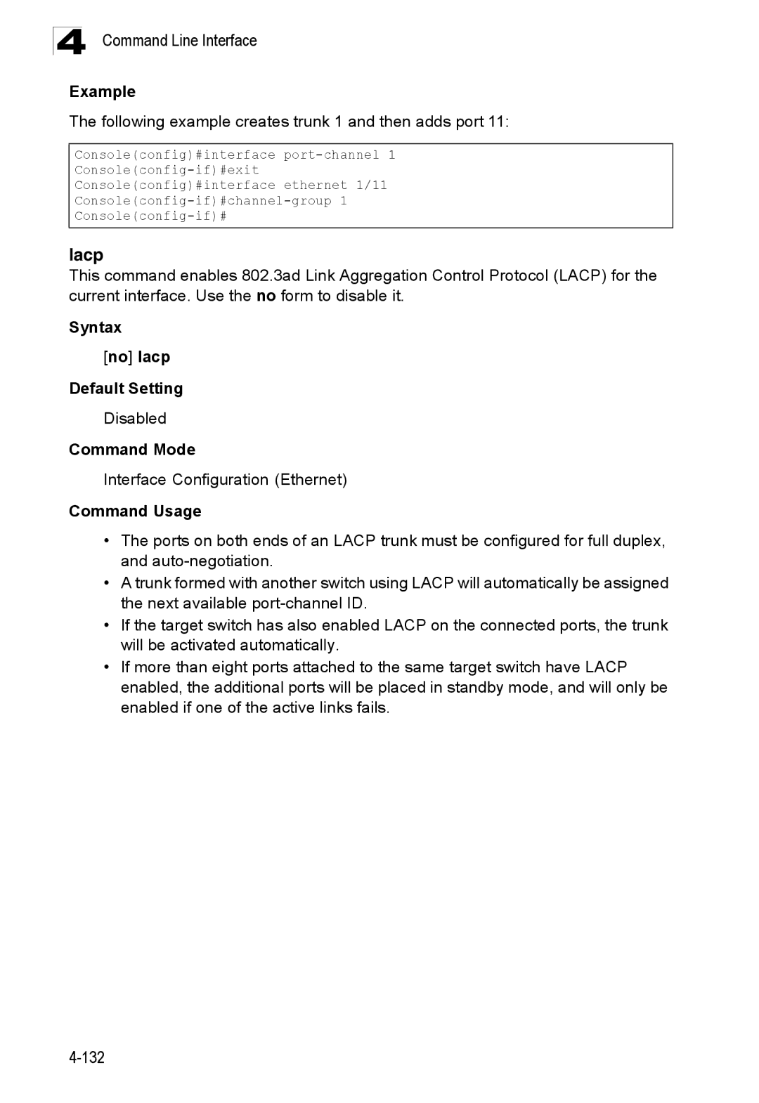 SMC Networks SMC8150L2 manual Lacp, Following example creates trunk 1 and then adds port, Syntax No lacp Default Setting 