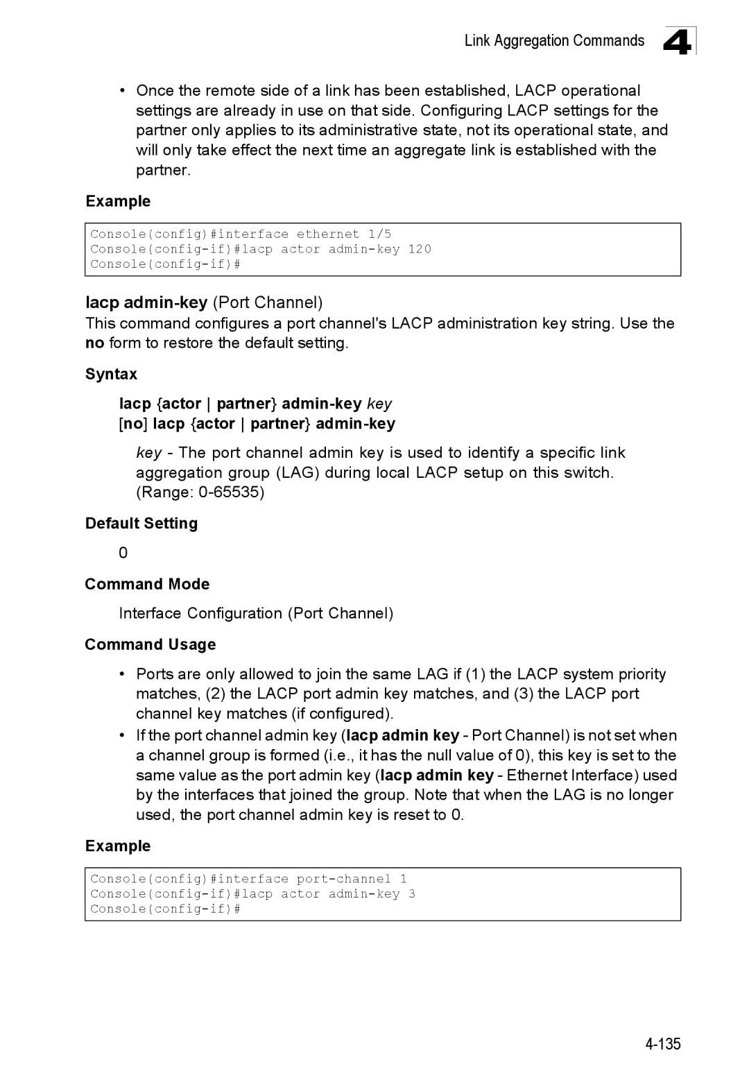 SMC Networks SMC8150L2 manual Lacp admin-key Port Channel, Interface Configuration Port Channel 