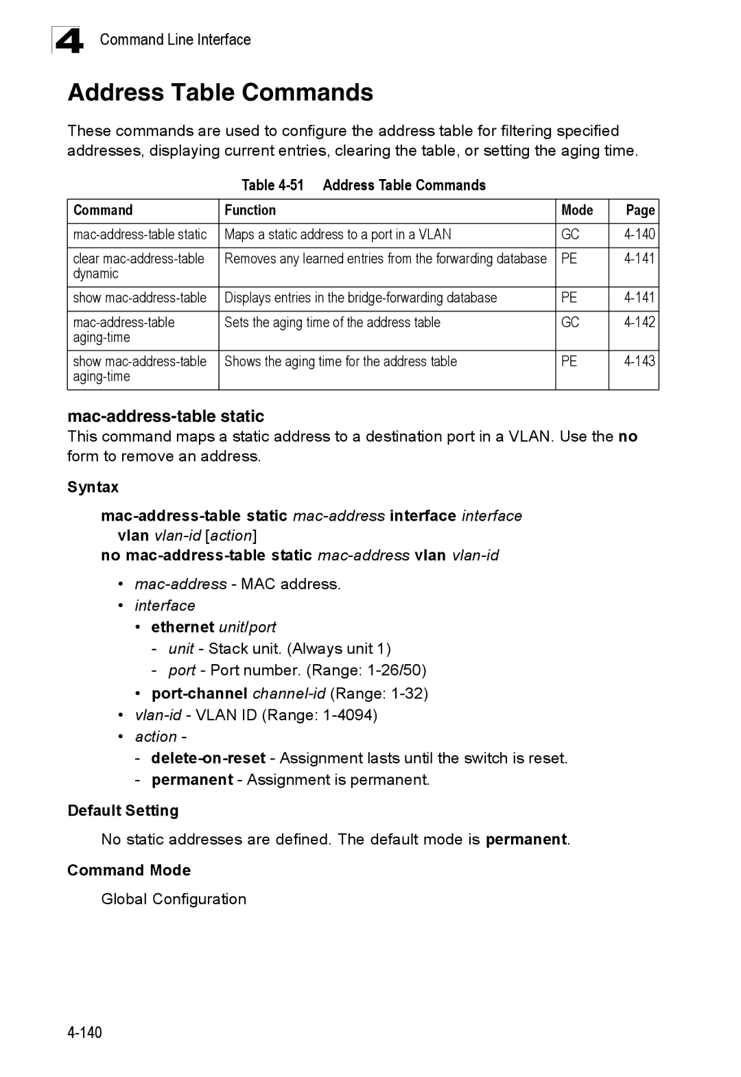 SMC Networks SMC8150L2 manual Mac-address-table static, Address Table Commands Function Mode, Action 