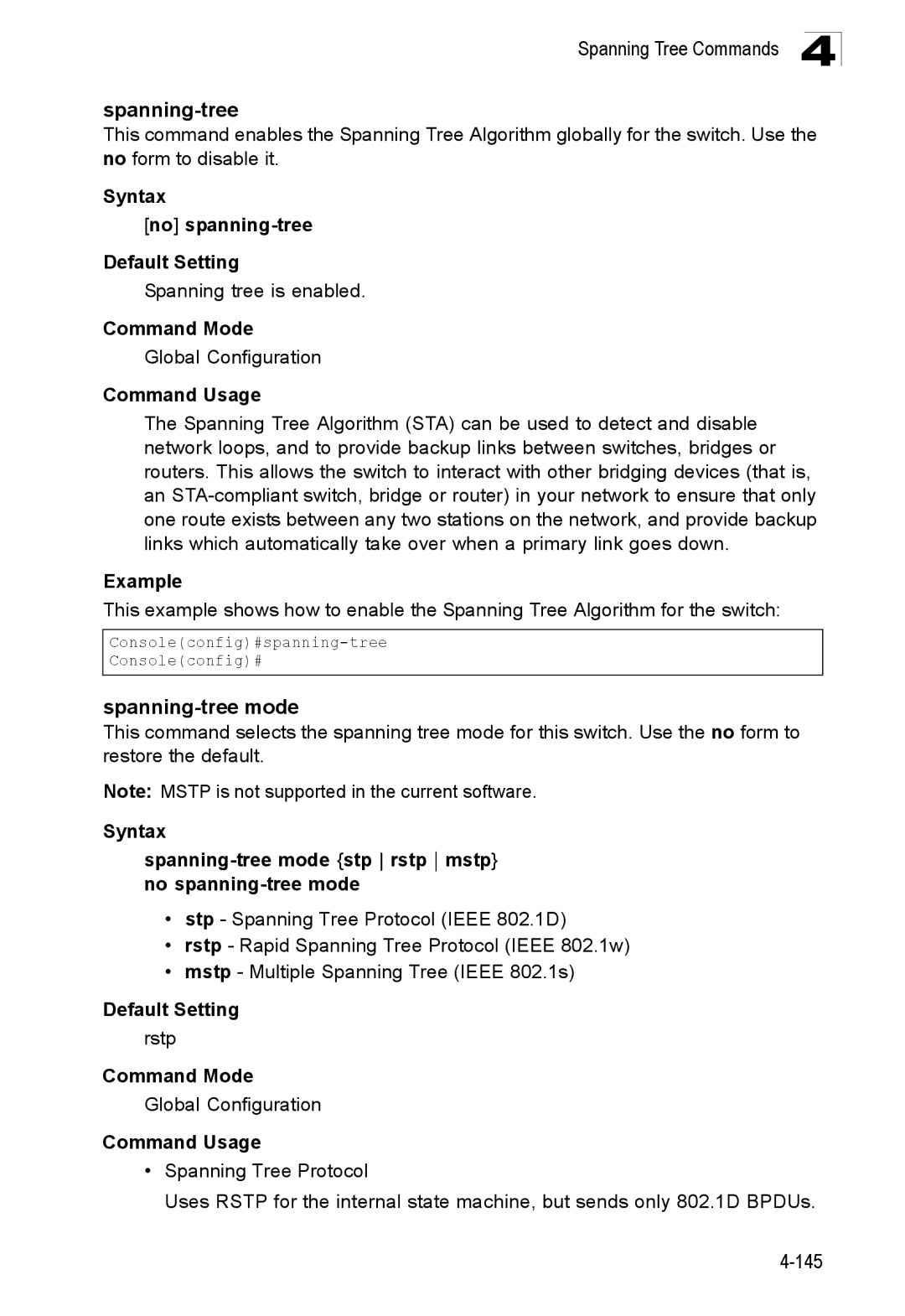 SMC Networks SMC8150L2 Spanning-tree mode, Syntax No spanning-tree Default Setting, Spanning tree is enabled, Rstp 