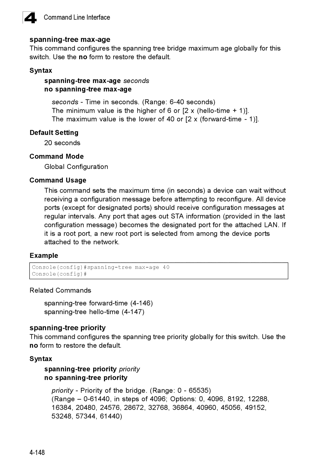 SMC Networks SMC8150L2 manual Spanning-tree max-age, Spanning-tree priority 