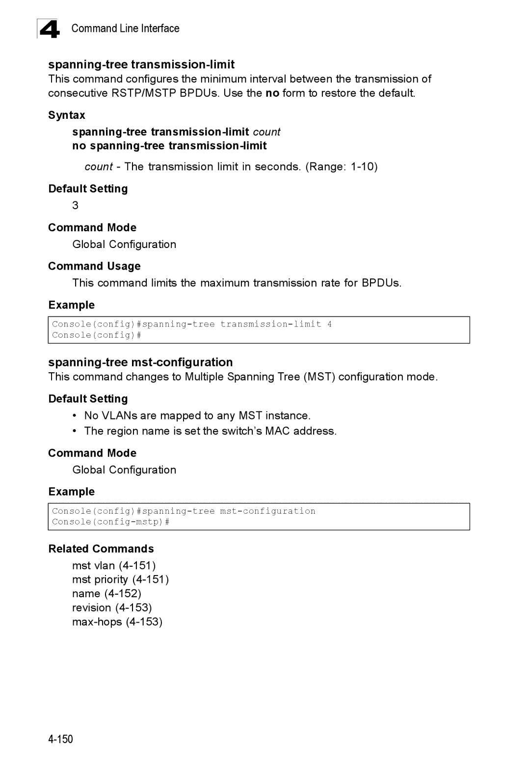 SMC Networks SMC8150L2 manual Spanning-tree transmission-limit, Spanning-tree mst-configuration 