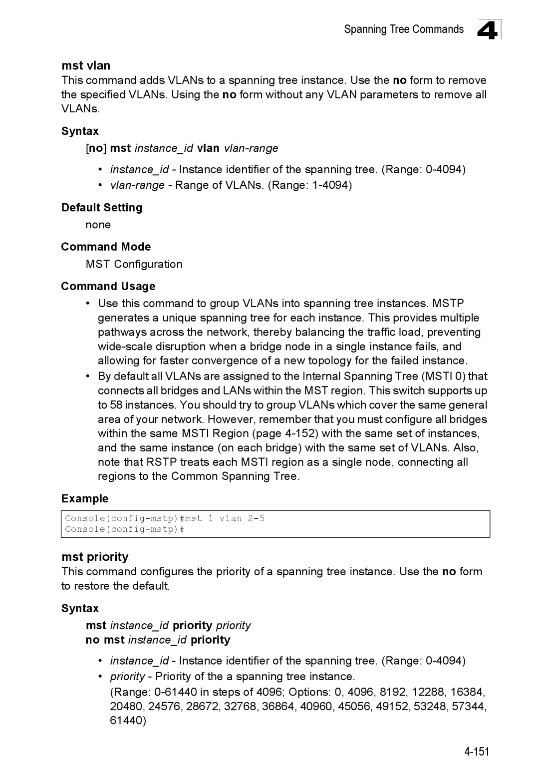 SMC Networks SMC8150L2 manual Mst vlan, Mst priority, No mst instanceid vlan vlan-range, MST Configuration 