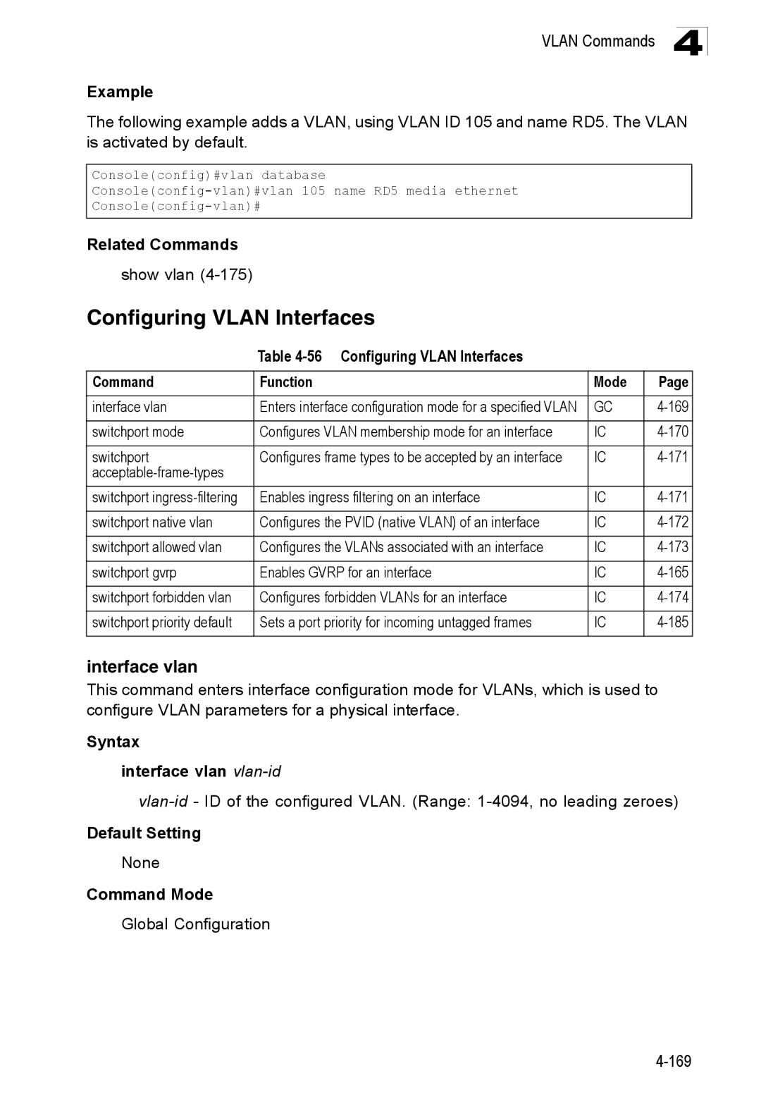 SMC Networks SMC8150L2 manual Interface vlan, Configuring Vlan Interfaces Command Function Mode 