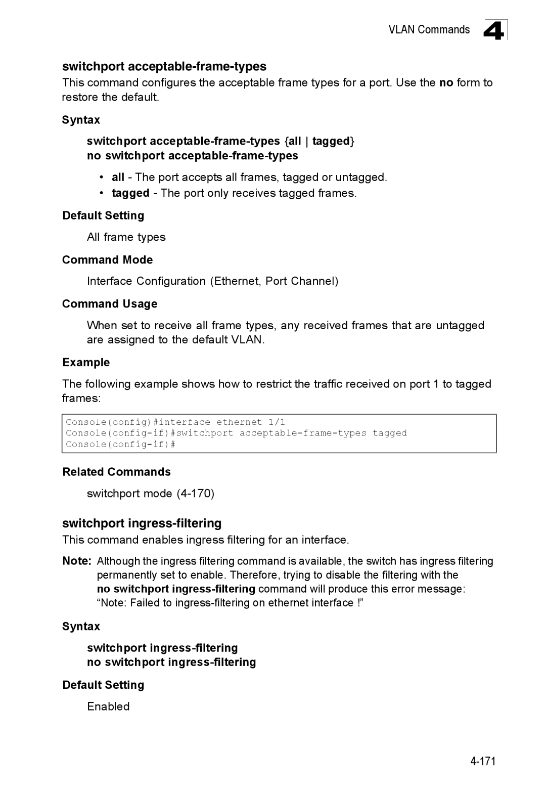 SMC Networks SMC8150L2 Switchport acceptable-frame-types, Switchport ingress-filtering, All frame types, Switchport mode 