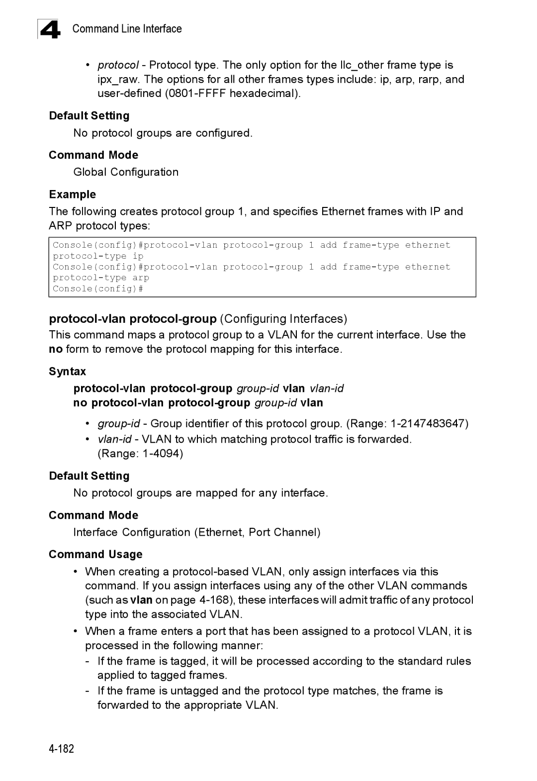 SMC Networks SMC8150L2 manual Protocol-vlan protocol-group Configuring Interfaces, No protocol groups are configured 