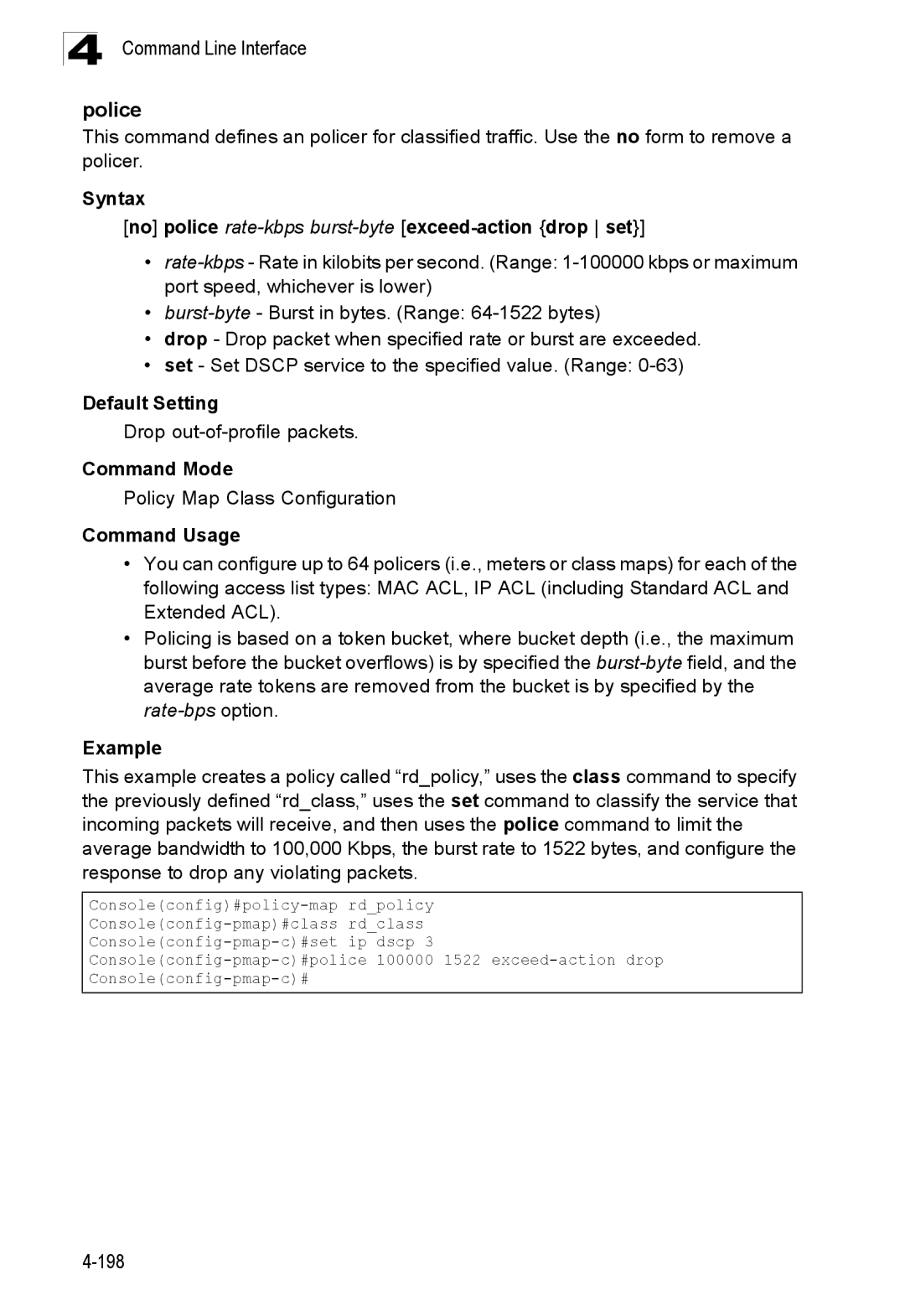 SMC Networks SMC8150L2 Police, Syntax No police rate-kbpsburst-byteexceed-action drop set, Drop out-of-profile packets 