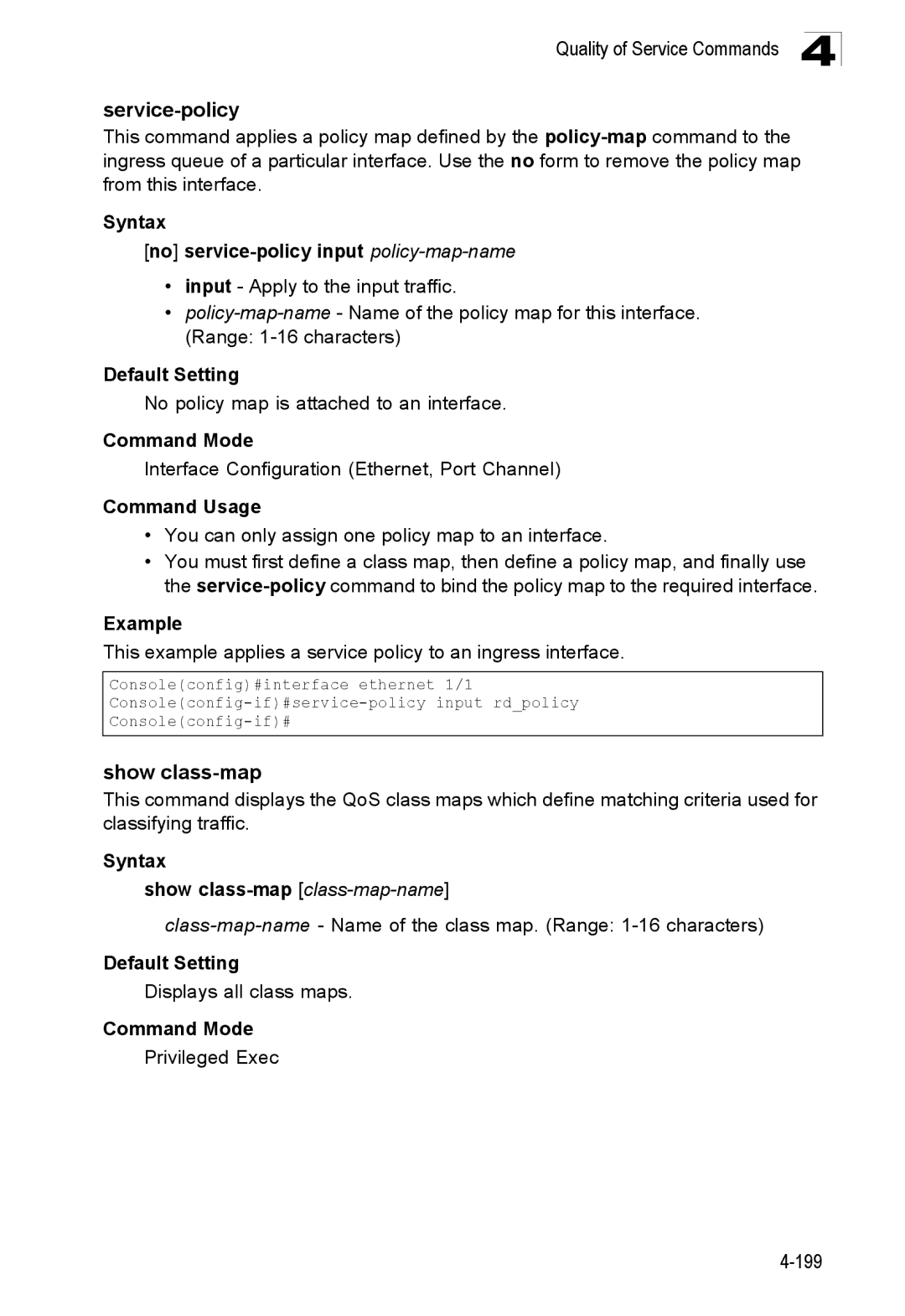 SMC Networks SMC8150L2 manual Service-policy, Show class-map, Syntax No service-policy input policy-map-name 