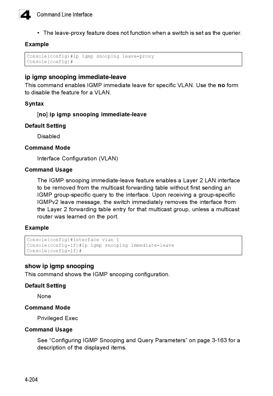 SMC Networks SMC8150L2 manual Ip igmp snooping immediate-leave, Show ip igmp snooping, Interface Configuration Vlan 