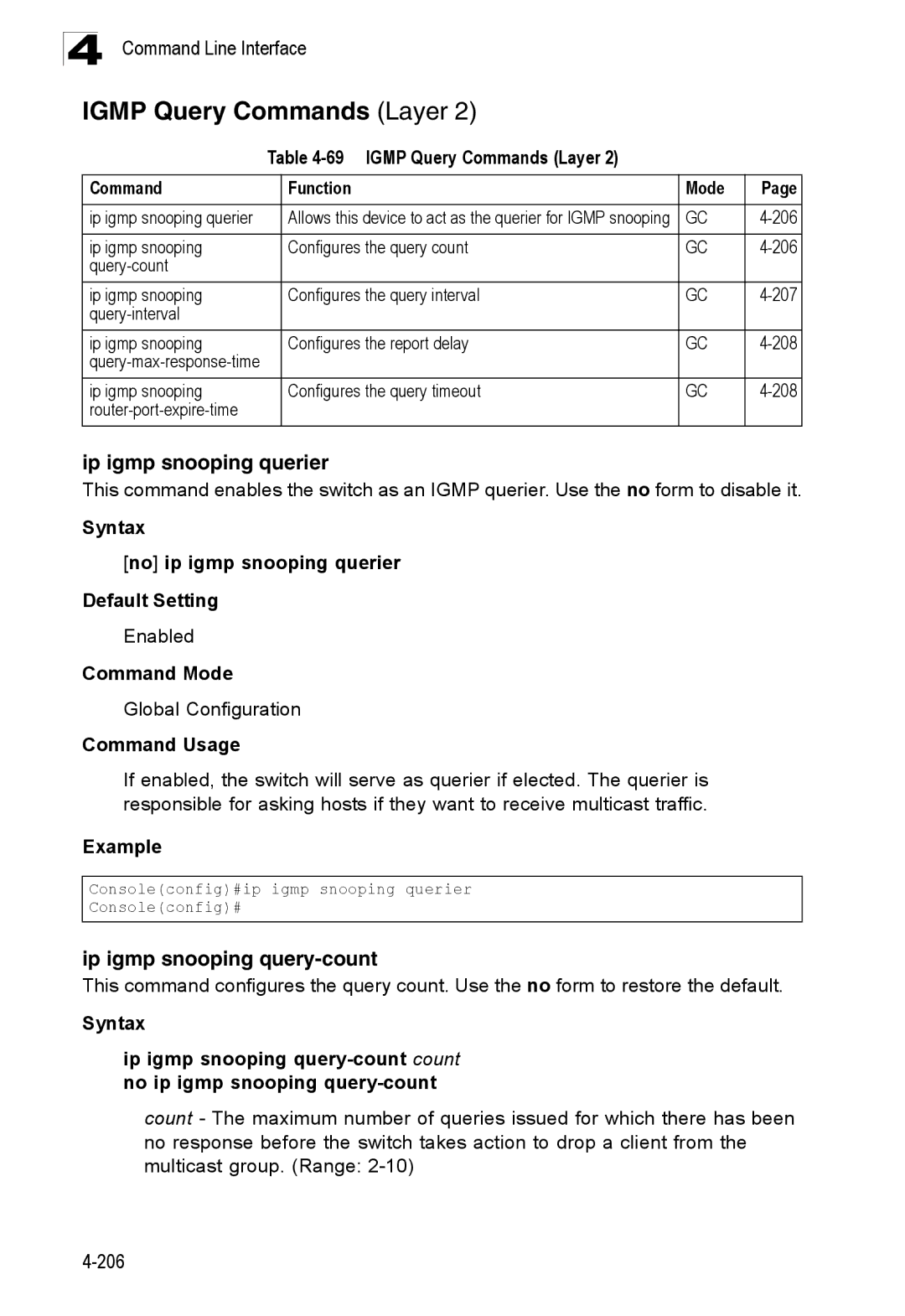 SMC Networks SMC8150L2 manual Igmp Query Commands Layer, Ip igmp snooping querier, Ip igmp snooping query-count 