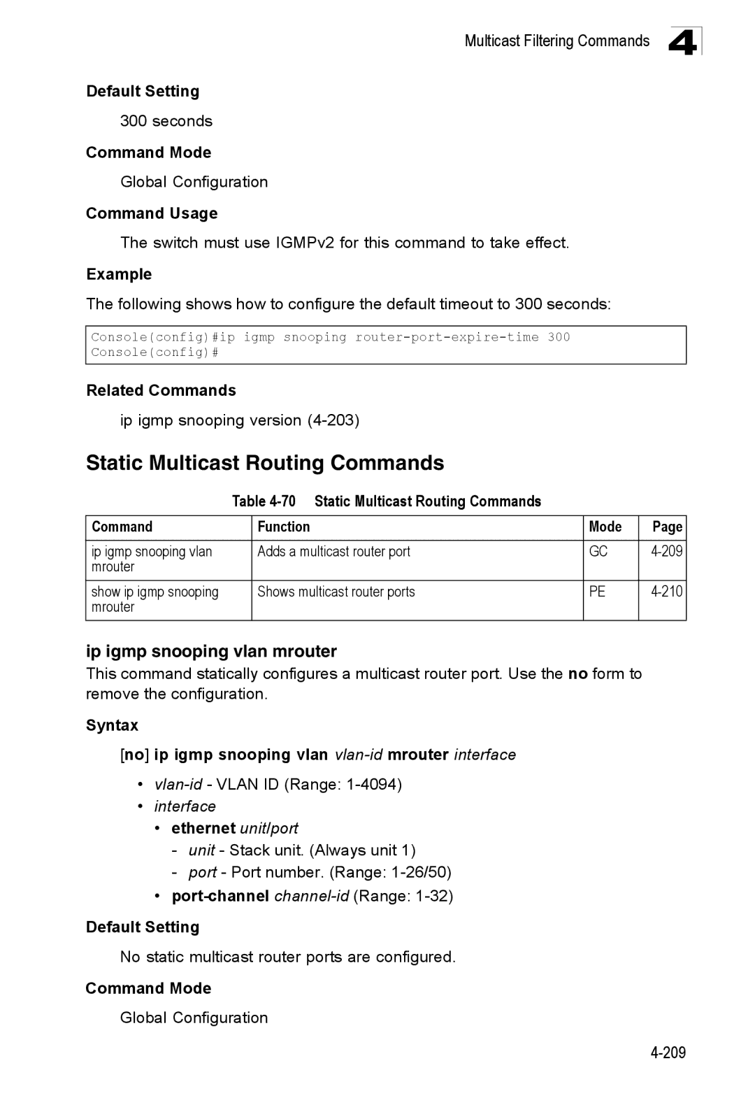 SMC Networks SMC8150L2 manual Static Multicast Routing Commands, Ip igmp snooping vlan mrouter 