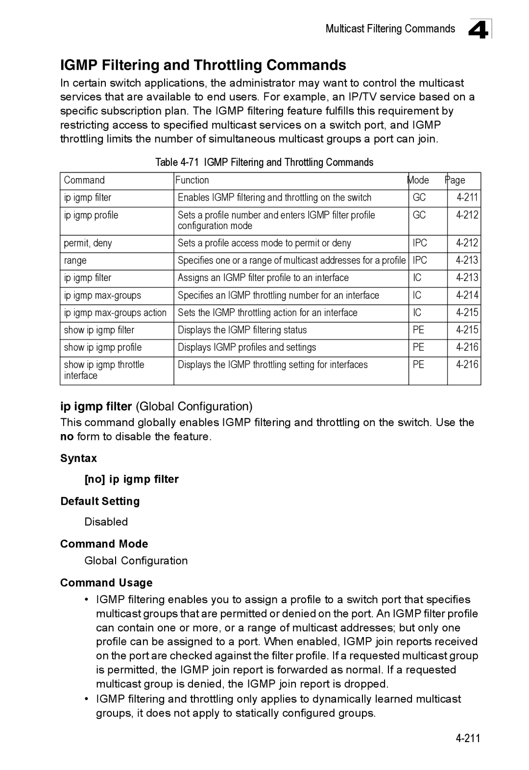 SMC Networks SMC8150L2 manual Igmp Filtering and Throttling Commands Function Mode, 213 