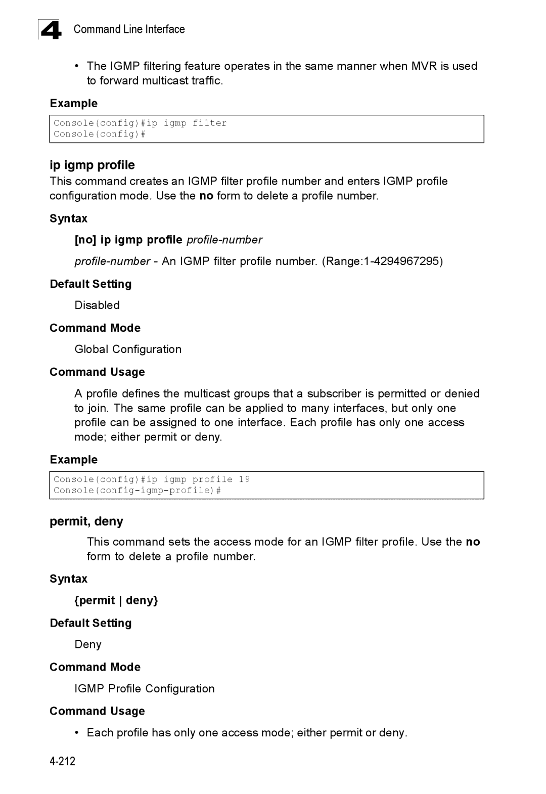 SMC Networks SMC8150L2 manual Ip igmp profile, Permit, deny, Syntax No ip igmp profile profile-number 