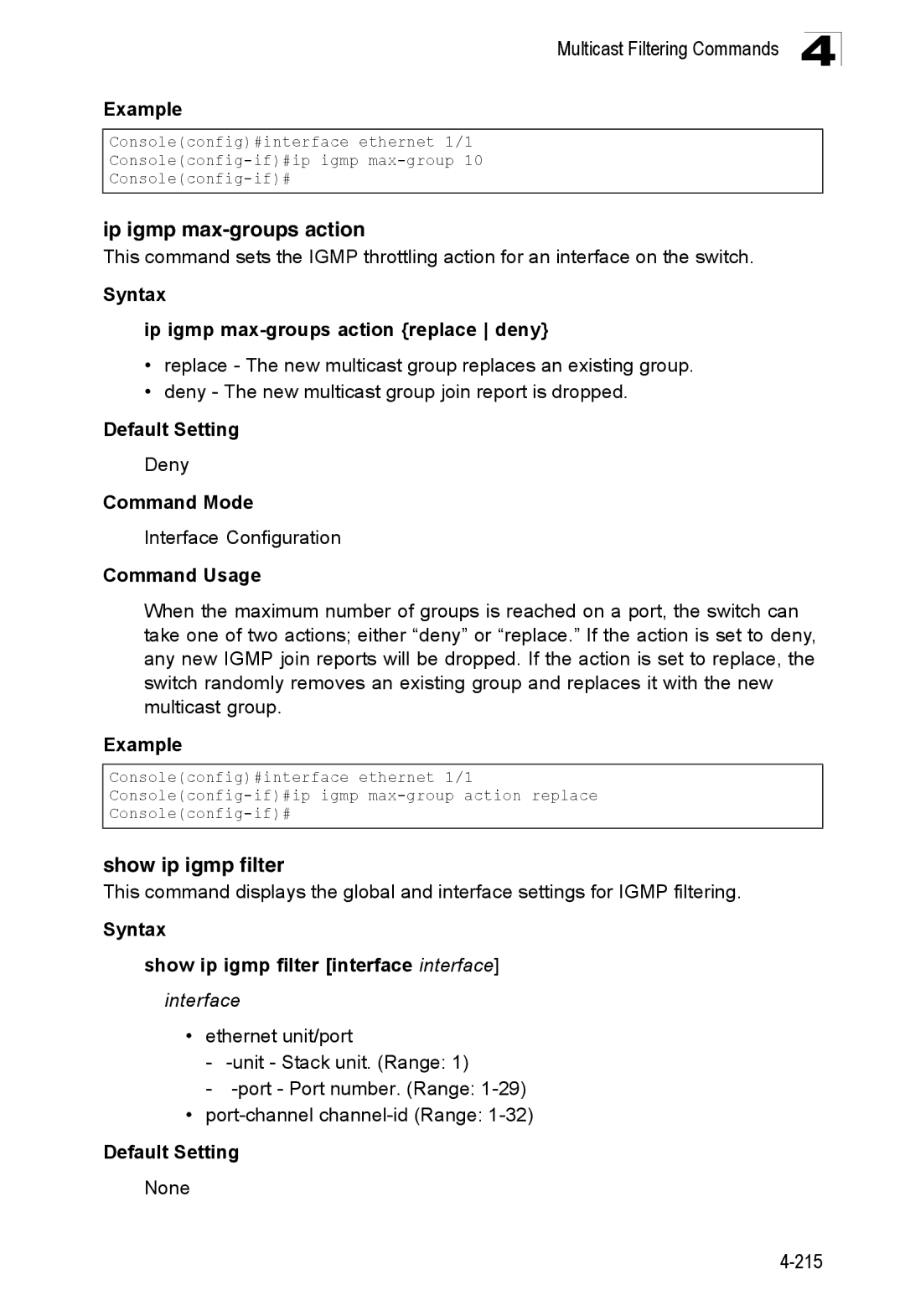 SMC Networks SMC8150L2 manual Show ip igmp filter, Syntax Ip igmp max-groups action replace deny 