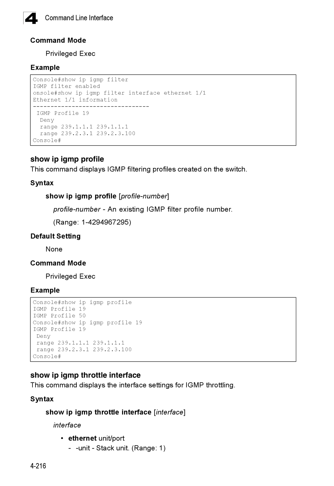 SMC Networks SMC8150L2 manual Show ip igmp throttle interface, Syntax Show ip igmp profile profile-number 