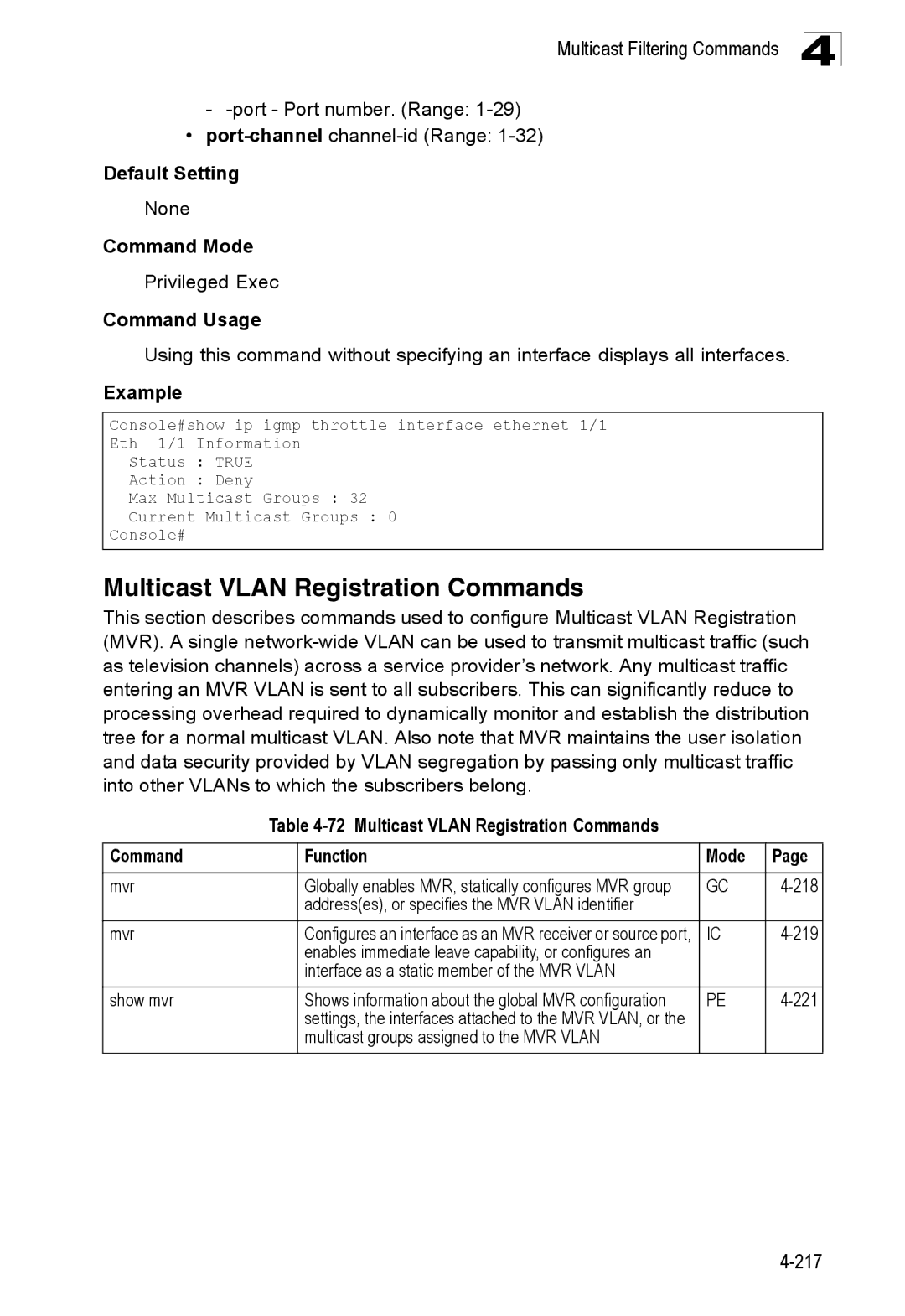 SMC Networks SMC8150L2 Multicast Vlan Registration Commands, Port Port number. Range Port-channelchannel-id Range, 219 