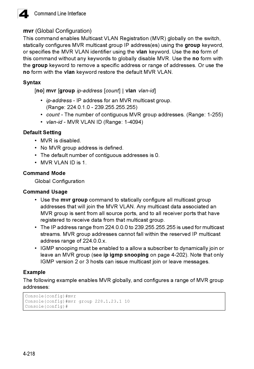 SMC Networks SMC8150L2 manual Command Line Interface Mvr Global Configuration, No mvr group ip-address count vlan vlan-id 