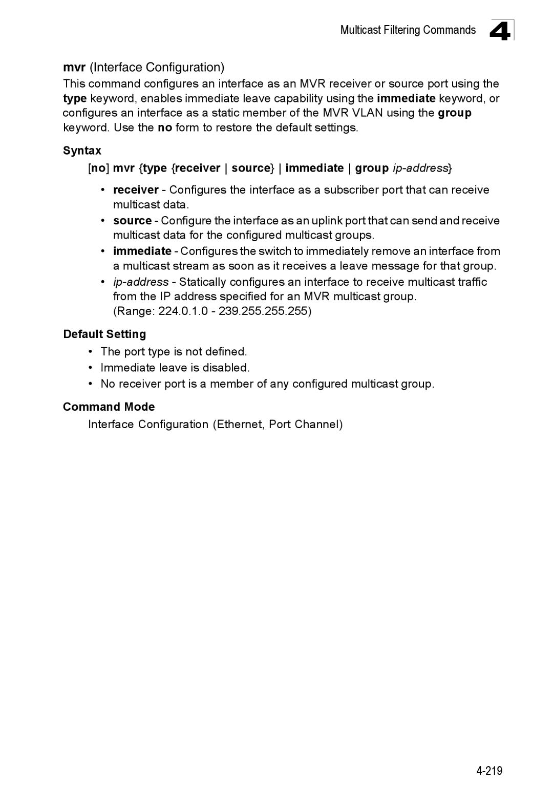 SMC Networks SMC8150L2 manual Multicast Filtering Commands Mvr Interface Configuration 