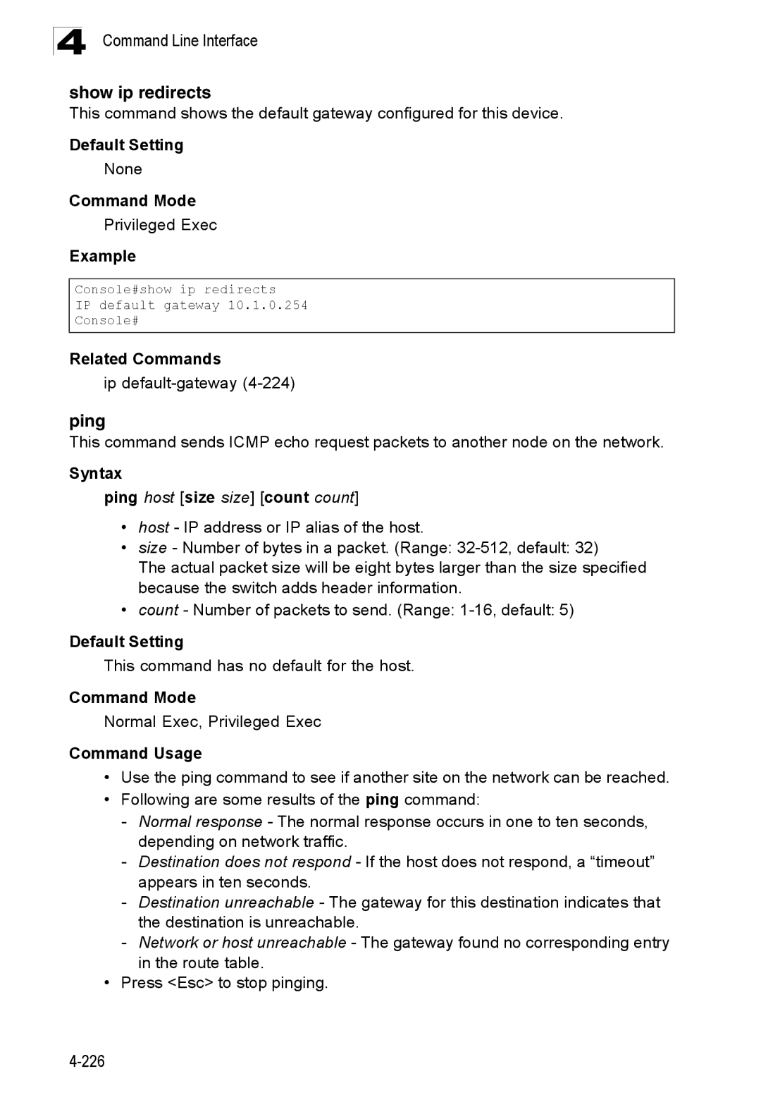 SMC Networks SMC8150L2 manual Show ip redirects, Ip default-gateway4-224, Syntax Ping host size size count count 