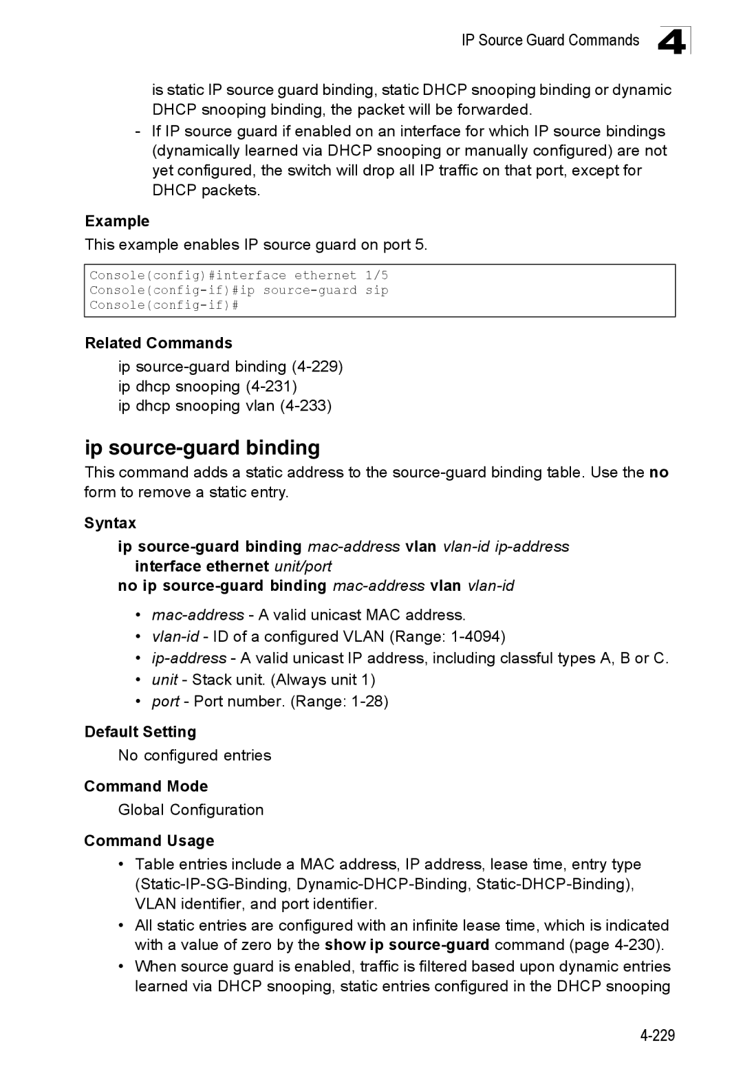 SMC Networks SMC8150L2 manual Ip source-guard binding, This example enables IP source guard on port, No configured entries 