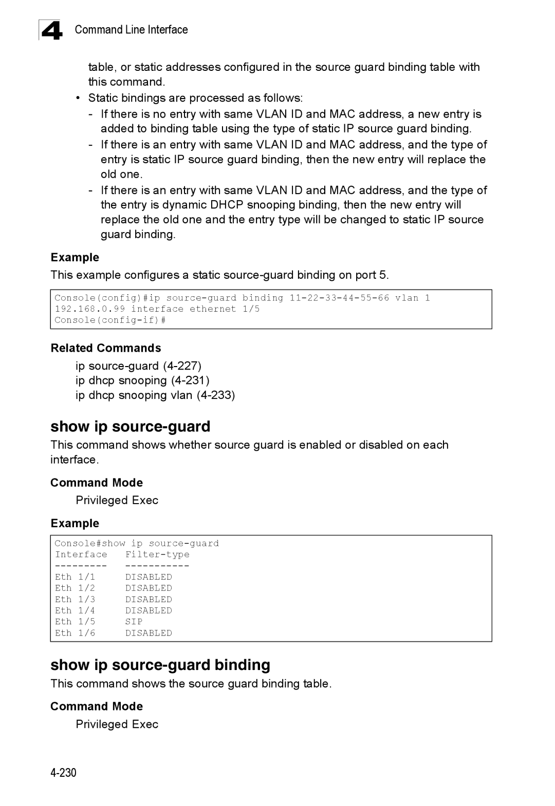 SMC Networks SMC8150L2 manual Show ip source-guard binding, Ip source-guard4-227 ip dhcp snooping Ip dhcp snooping vlan 