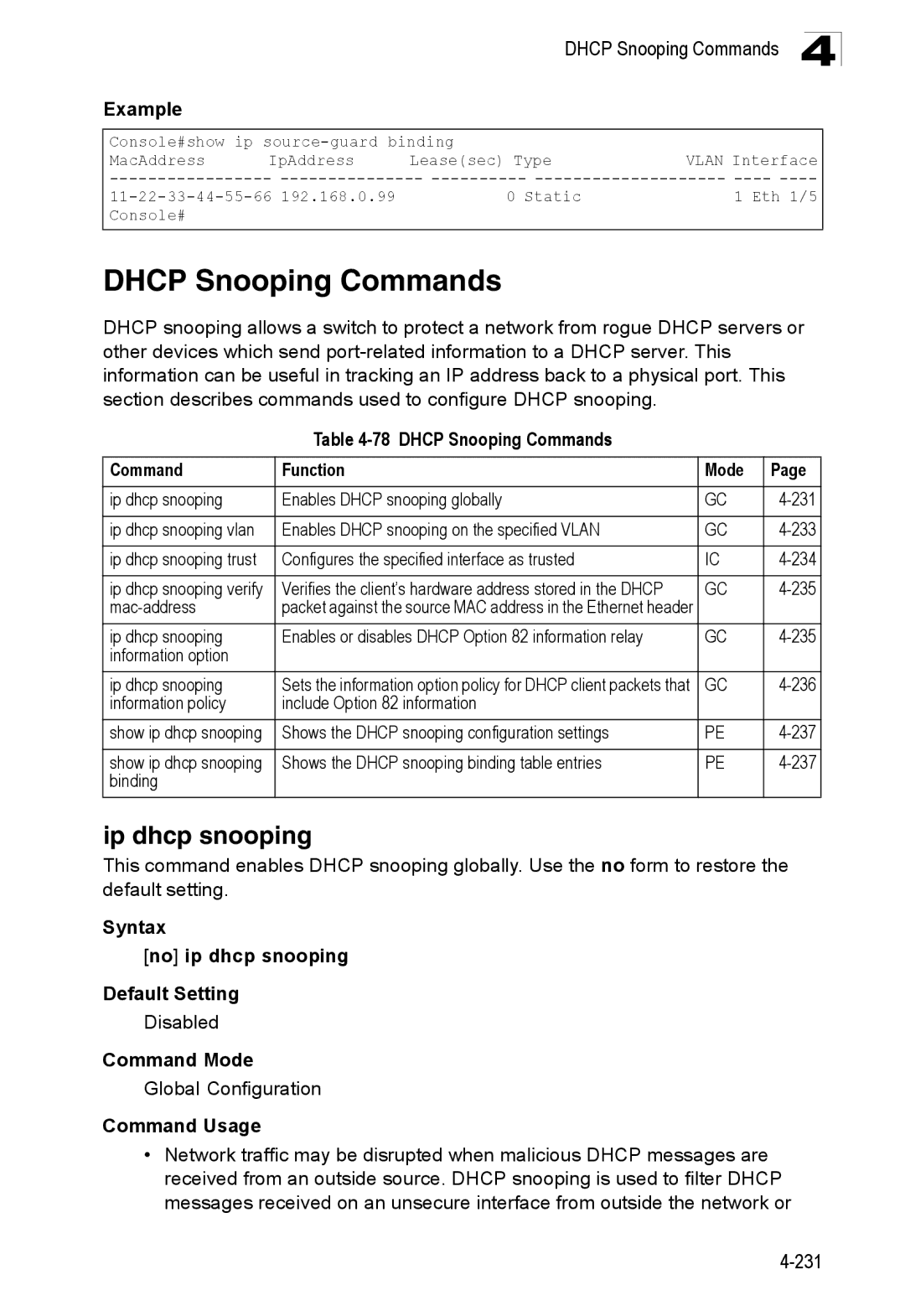 SMC Networks SMC8150L2 manual Ip dhcp snooping, Dhcp Snooping Commands Function Mode 