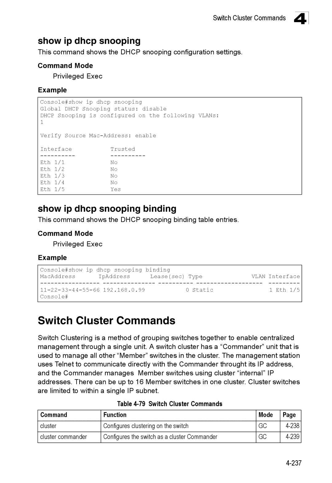 SMC Networks SMC8150L2 manual Show ip dhcp snooping binding, Switch Cluster Commands Function Mode 