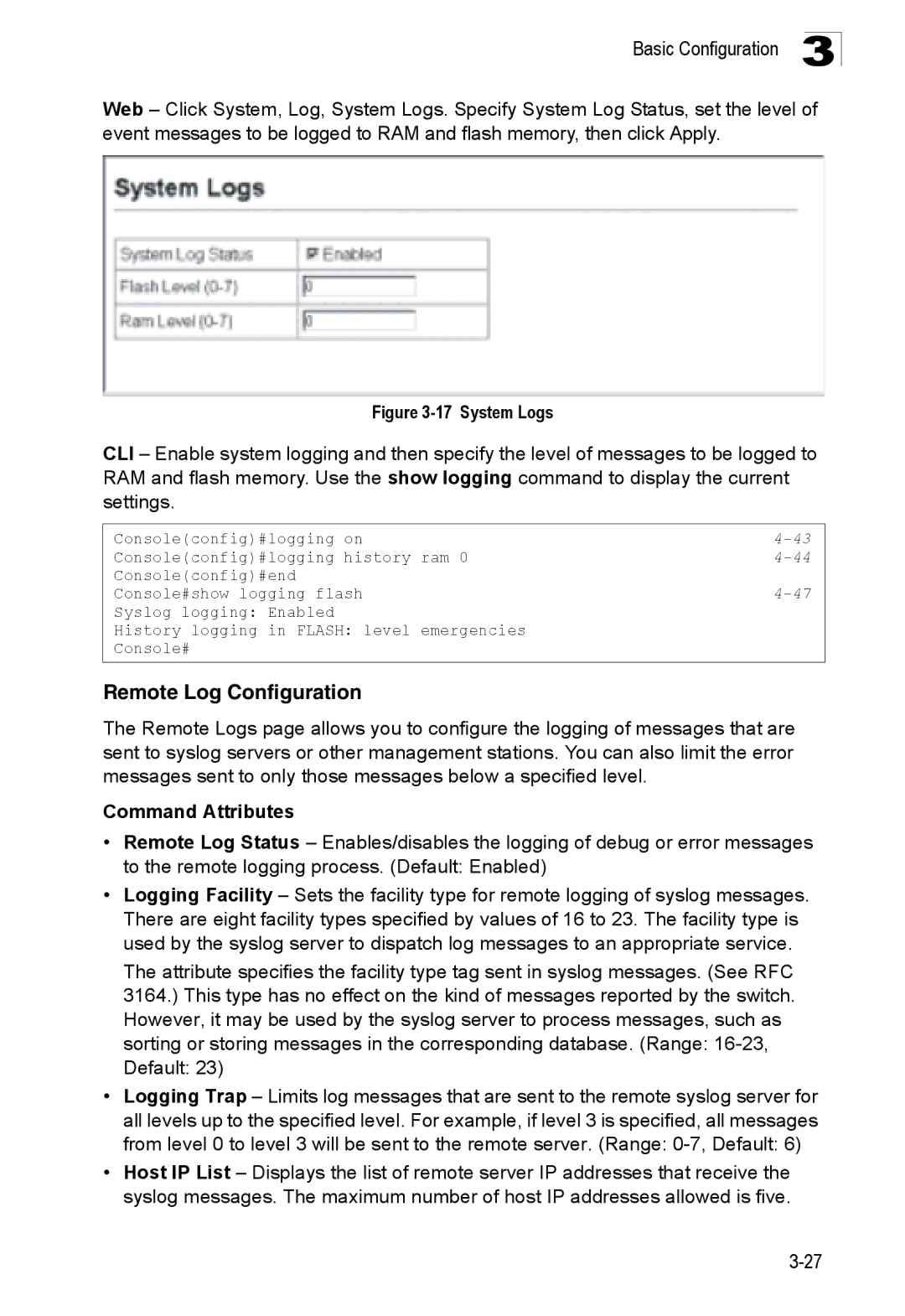 SMC Networks SMC8150L2 manual Remote Log Configuration, System Logs 