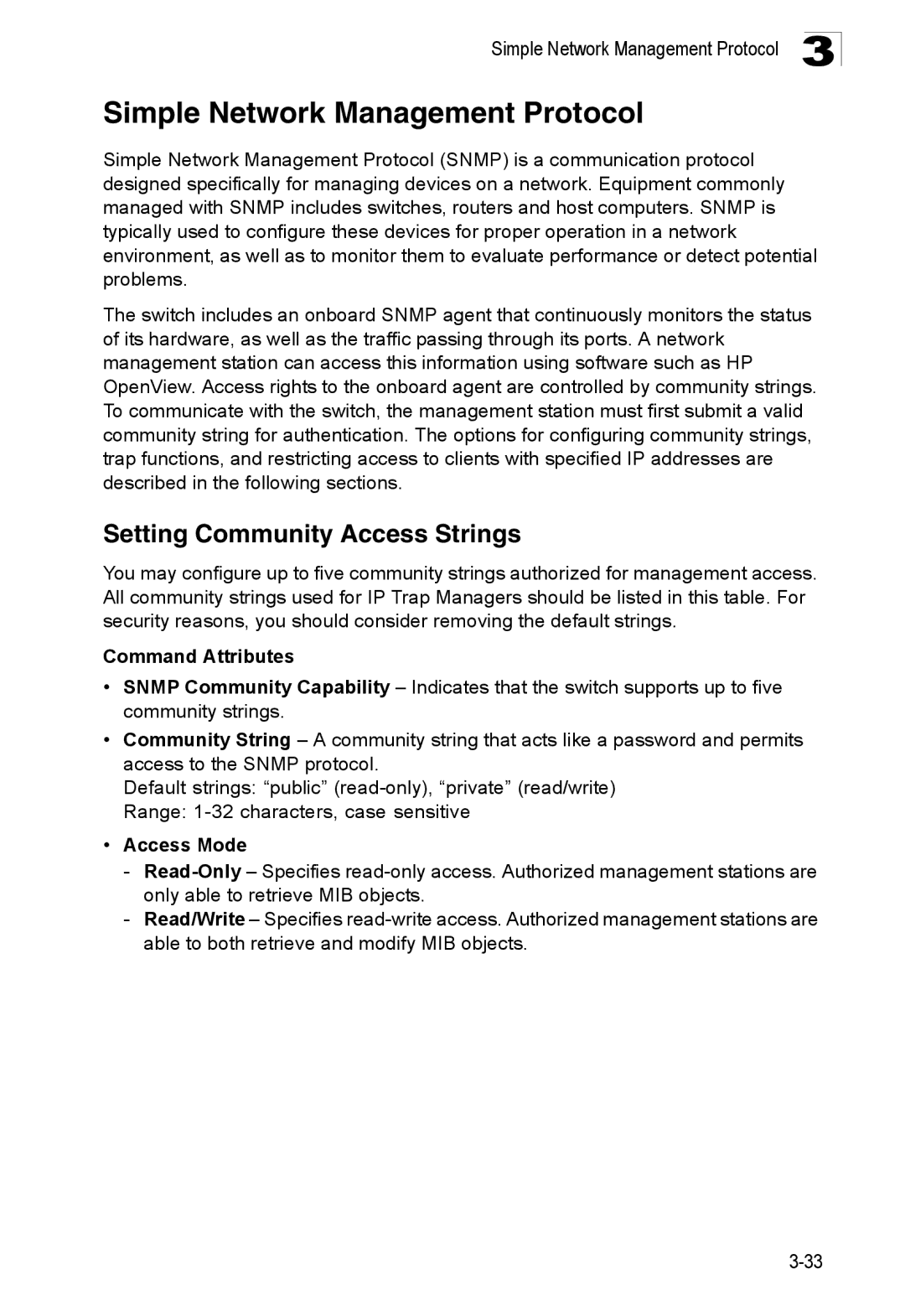 SMC Networks SMC8150L2 manual Simple Network Management Protocol, Setting Community Access Strings, Access Mode 