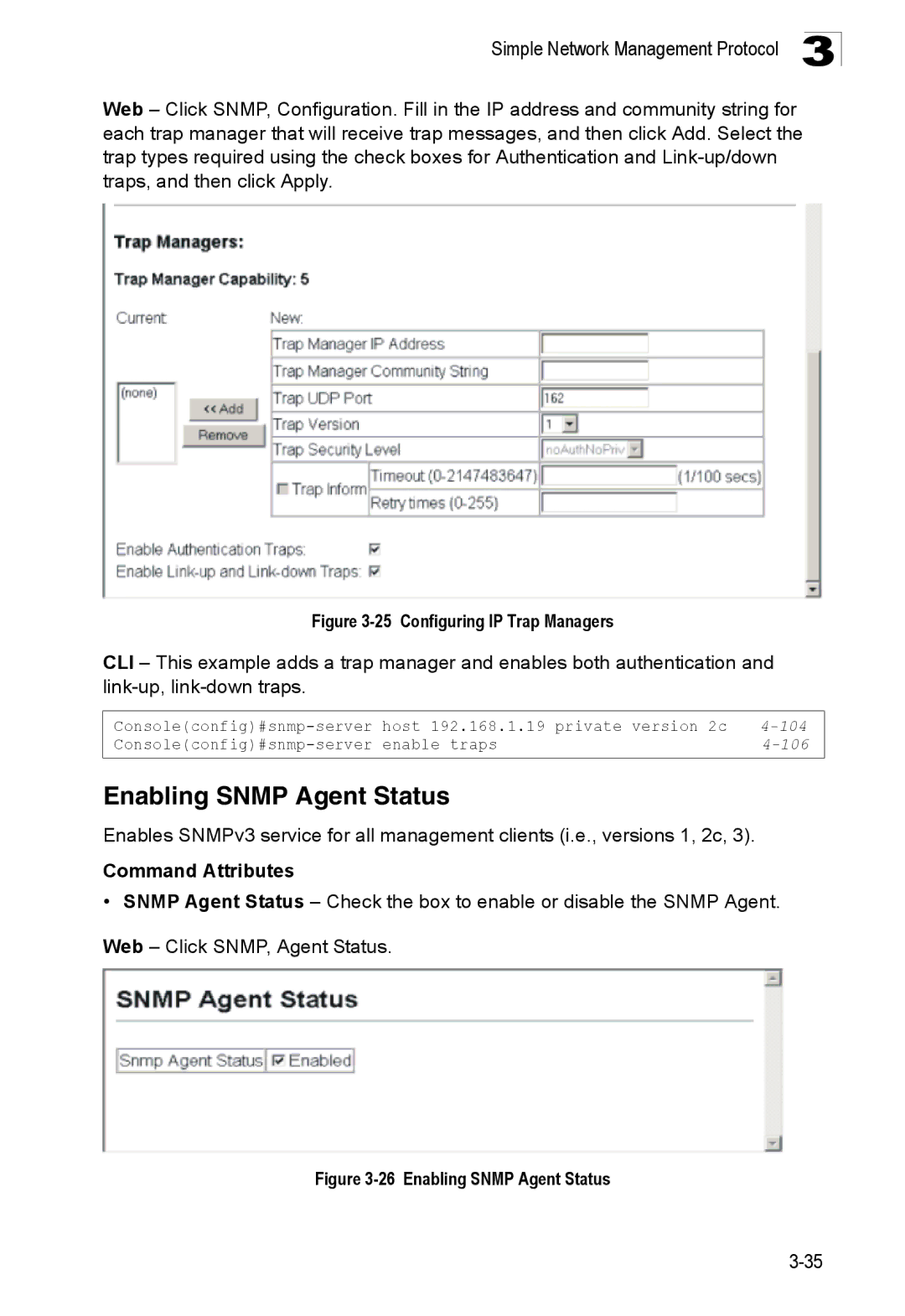 SMC Networks SMC8150L2 manual Enabling Snmp Agent Status, Configuring IP Trap Managers 