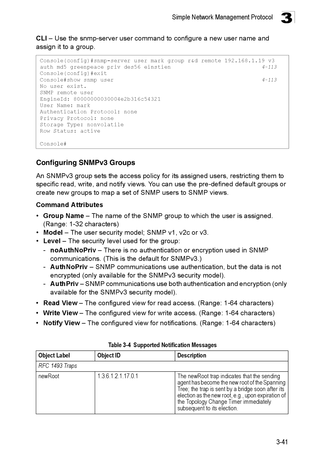 SMC Networks SMC8150L2 manual Configuring SNMPv3 Groups, Supported Notification Messages, Topology Change Timer immediately 