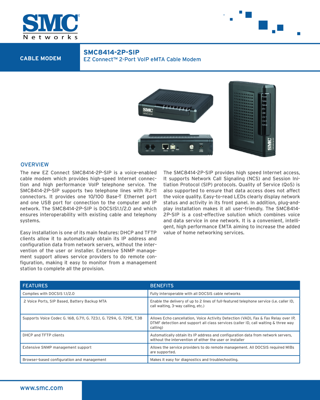 SMC Networks SMC8414-2P-SIP manual EZ Connect 2-Port VoIP eMTA Cable Modem, Overview, Features, Benefits 