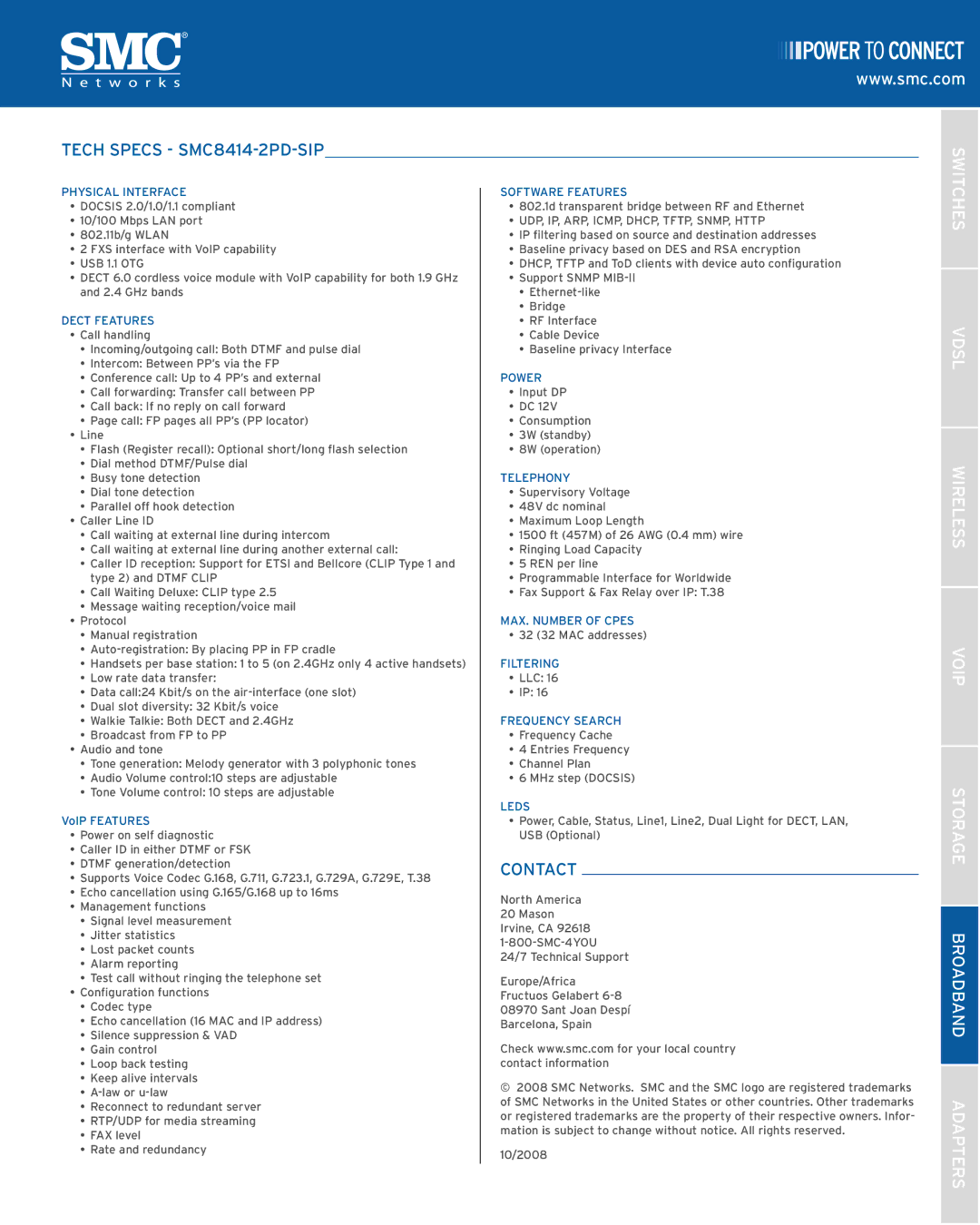 SMC Networks manual Tech Specs SMC8414-2PD-SIP, Contact 