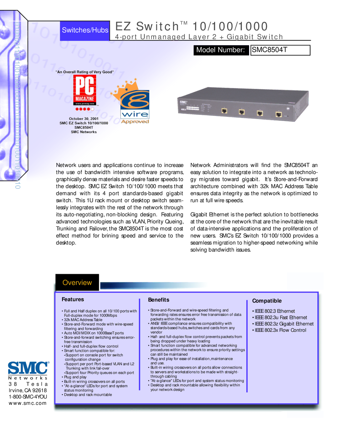 SMC Networks SMC8504T manual Switches/Hubs EZ SwitchTM 10/100/1000, Ieee 802.3u Fast Ethernet, Ieee 802.3x Flow Control 