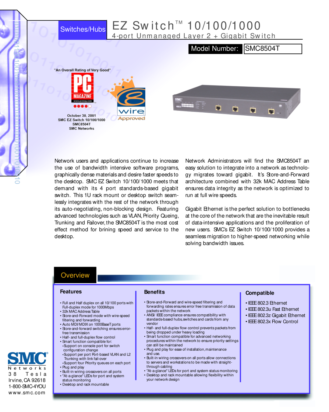 SMC Networks SMC8504T manual Switches/Hubs EZ SwitchTM 10/100/1000, port Unmanaged Layer 2 + Gigabit Switch, 1010010 