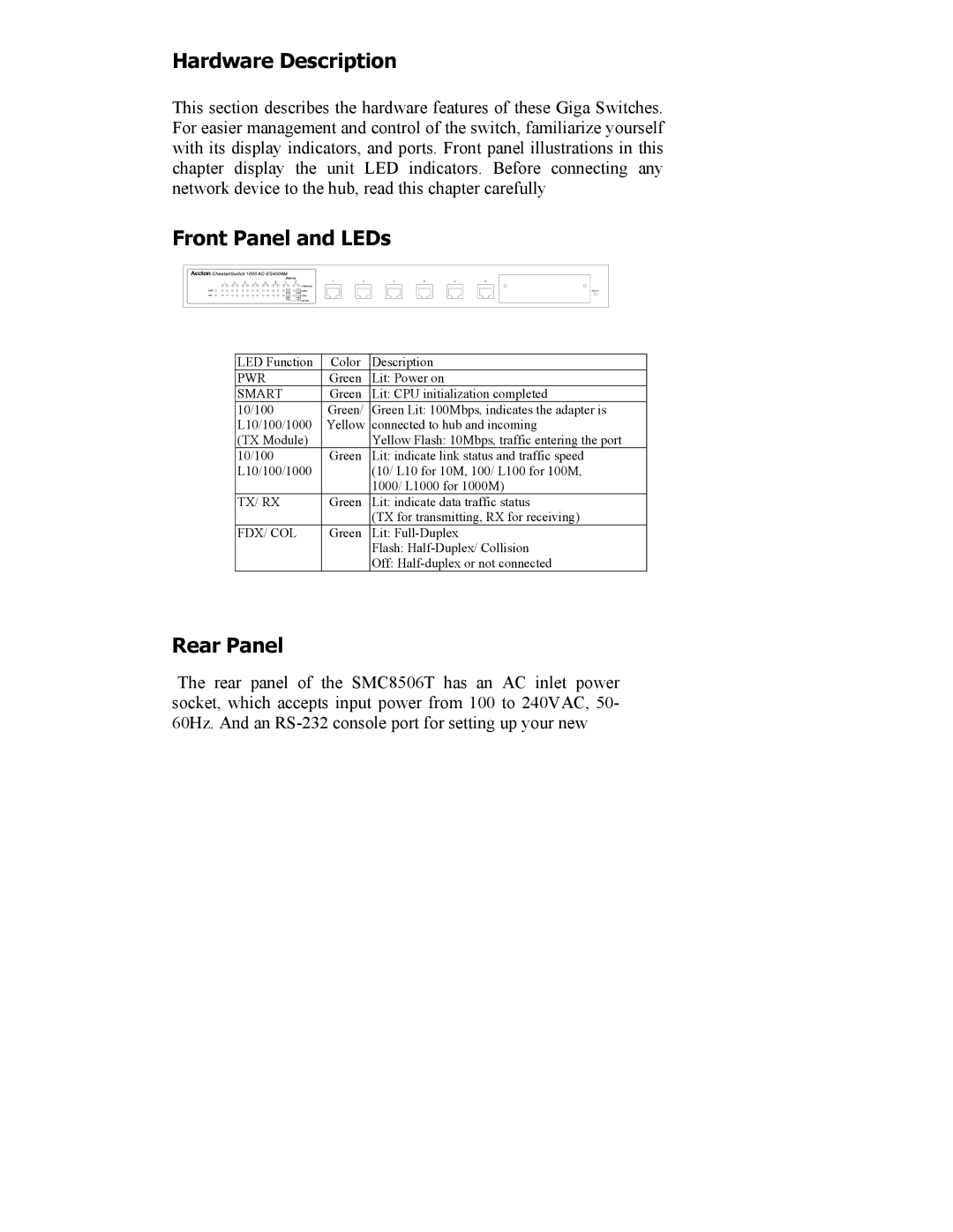 SMC Networks SMC8506T manual Hardware Description, Front Panel and LEDs, Rear Panel 