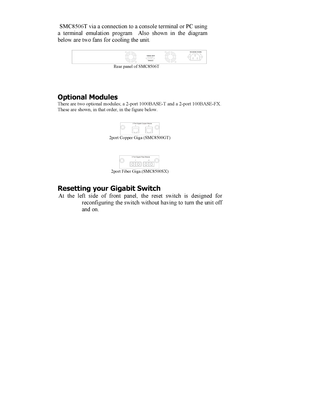 SMC Networks SMC8506T manual Optional Modules, Resetting your Gigabit Switch 