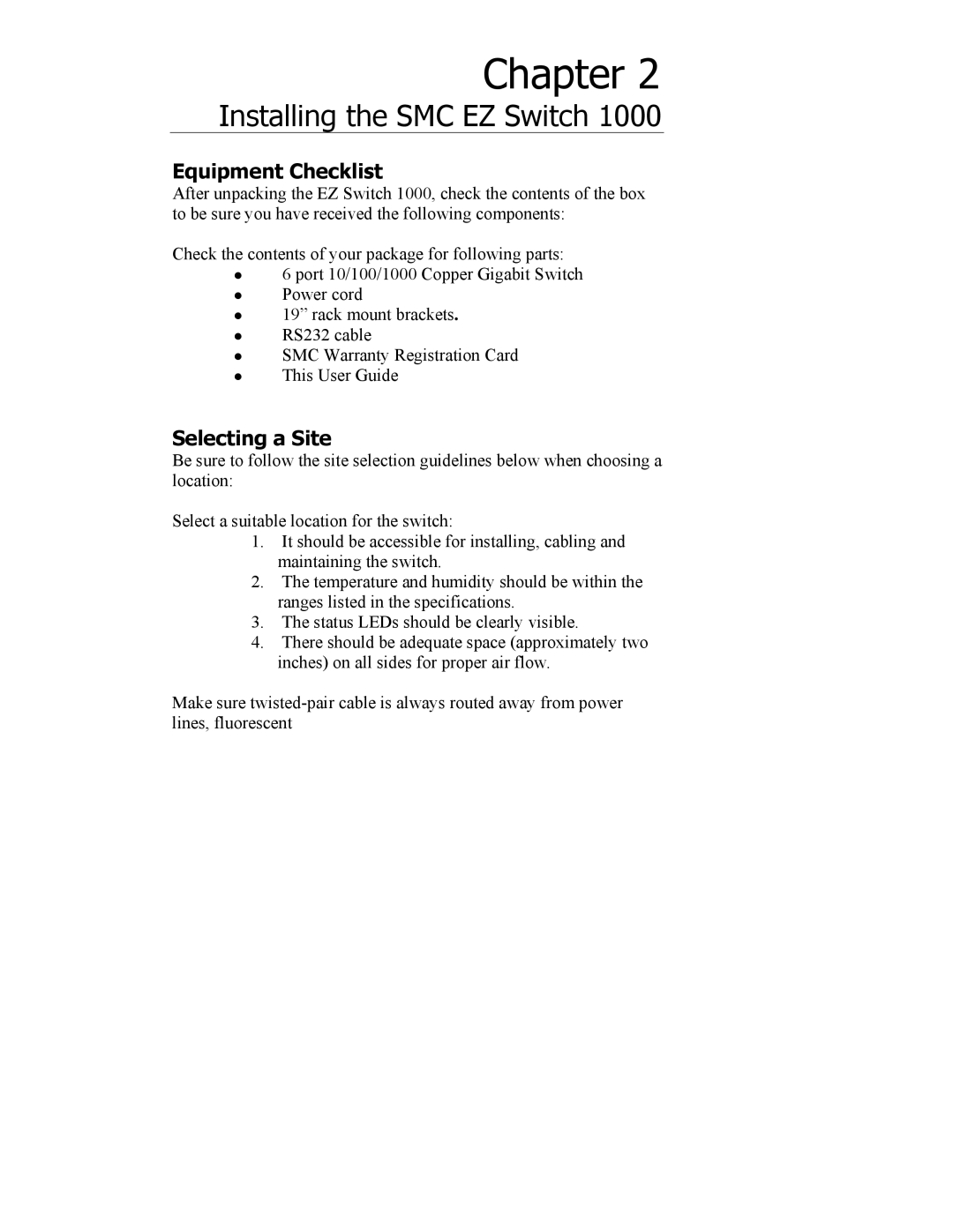 SMC Networks SMC8506T manual Equipment Checklist, Selecting a Site 