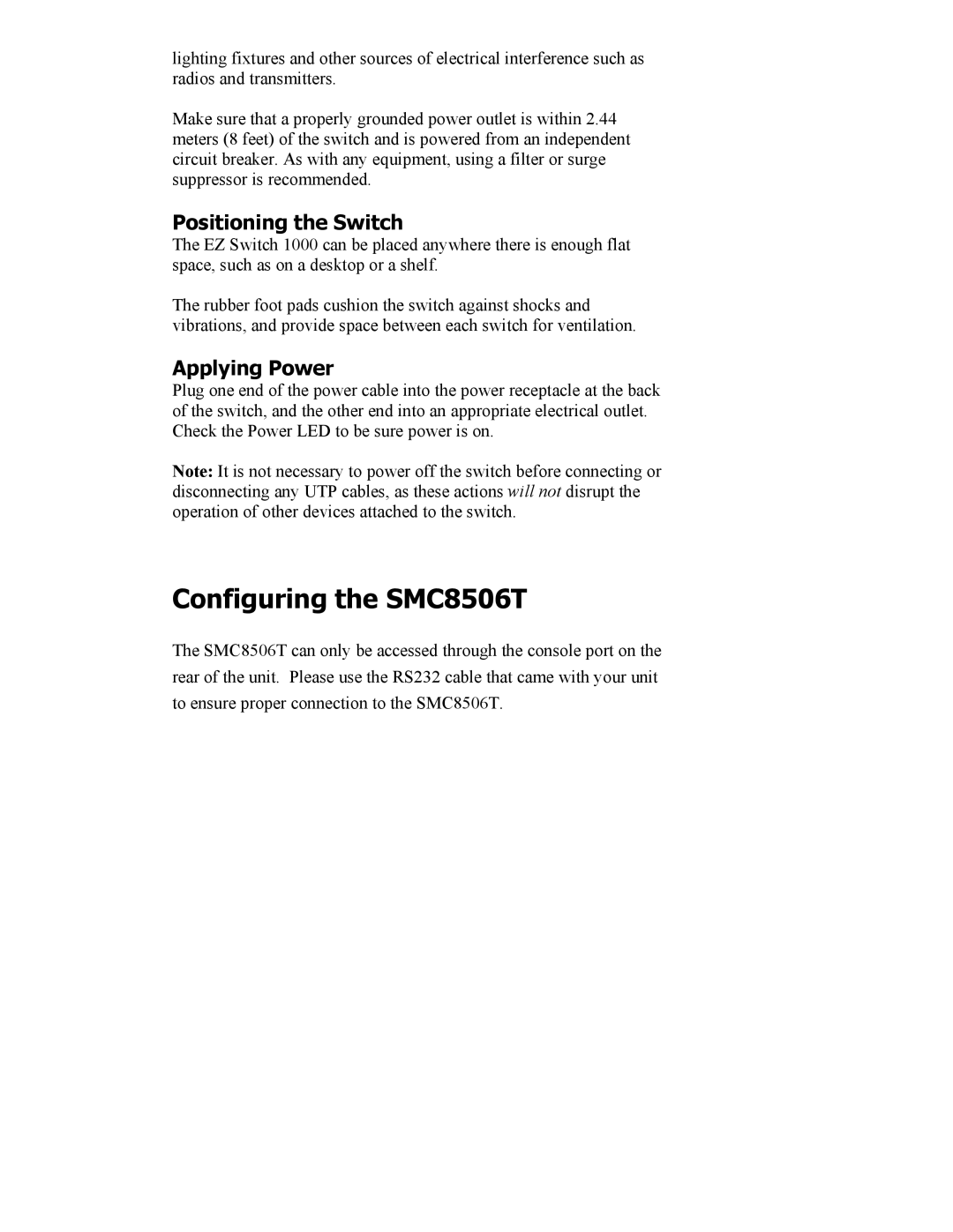 SMC Networks SMC8506T manual Positioning the Switch, Applying Power 