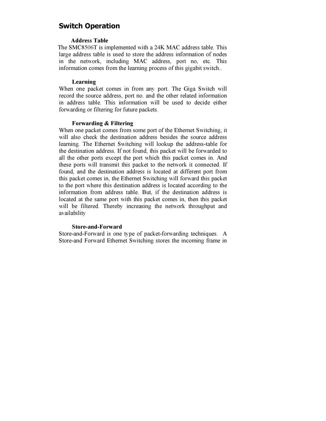 SMC Networks SMC8506T manual Switch Operation, Address Table 