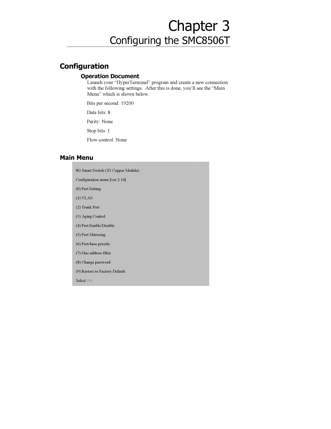 SMC Networks SMC8506T manual Configuration, Main Menu 