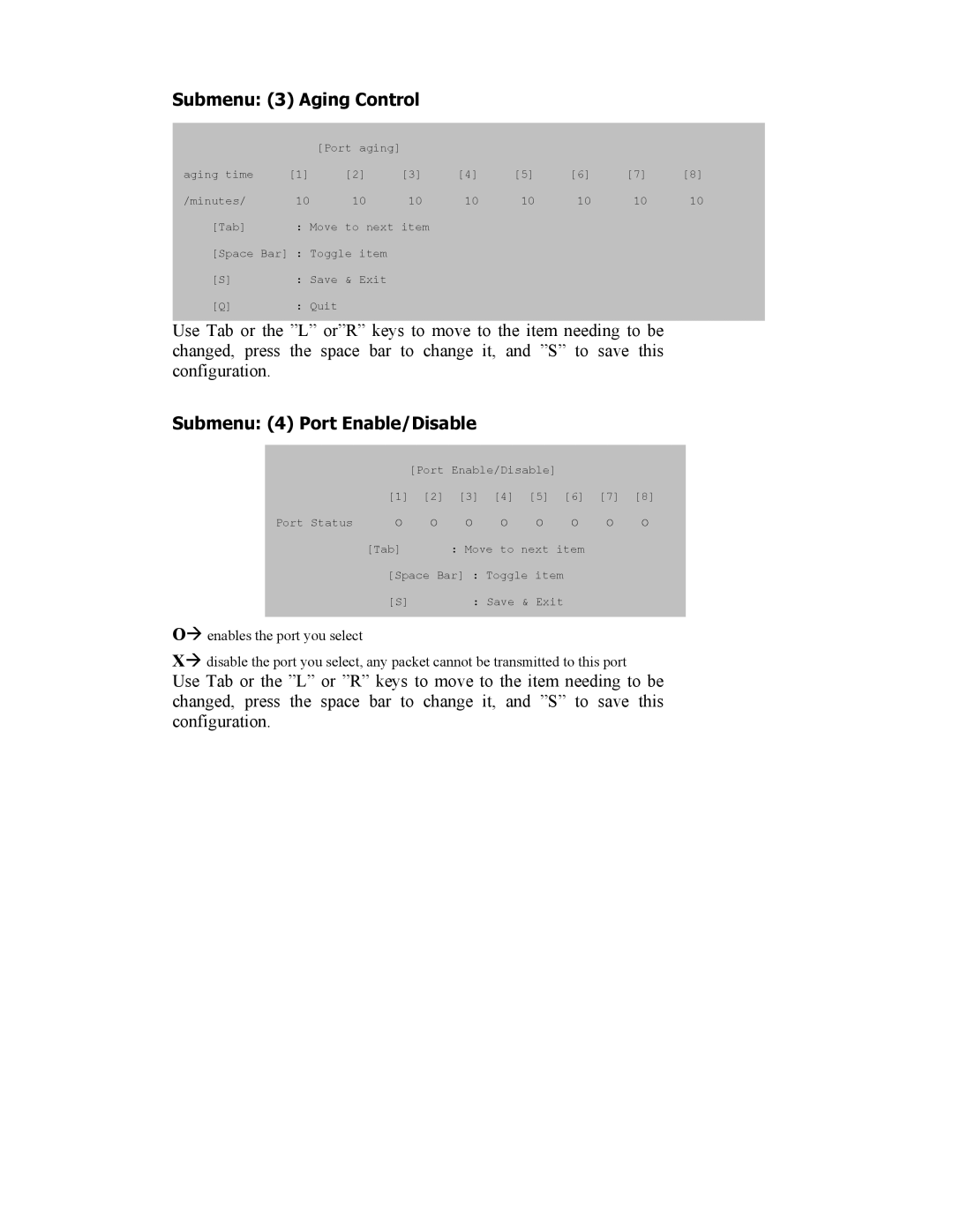 SMC Networks SMC8506T manual Submenu 3 Aging Control, Submenu 4 Port Enable/Disable 