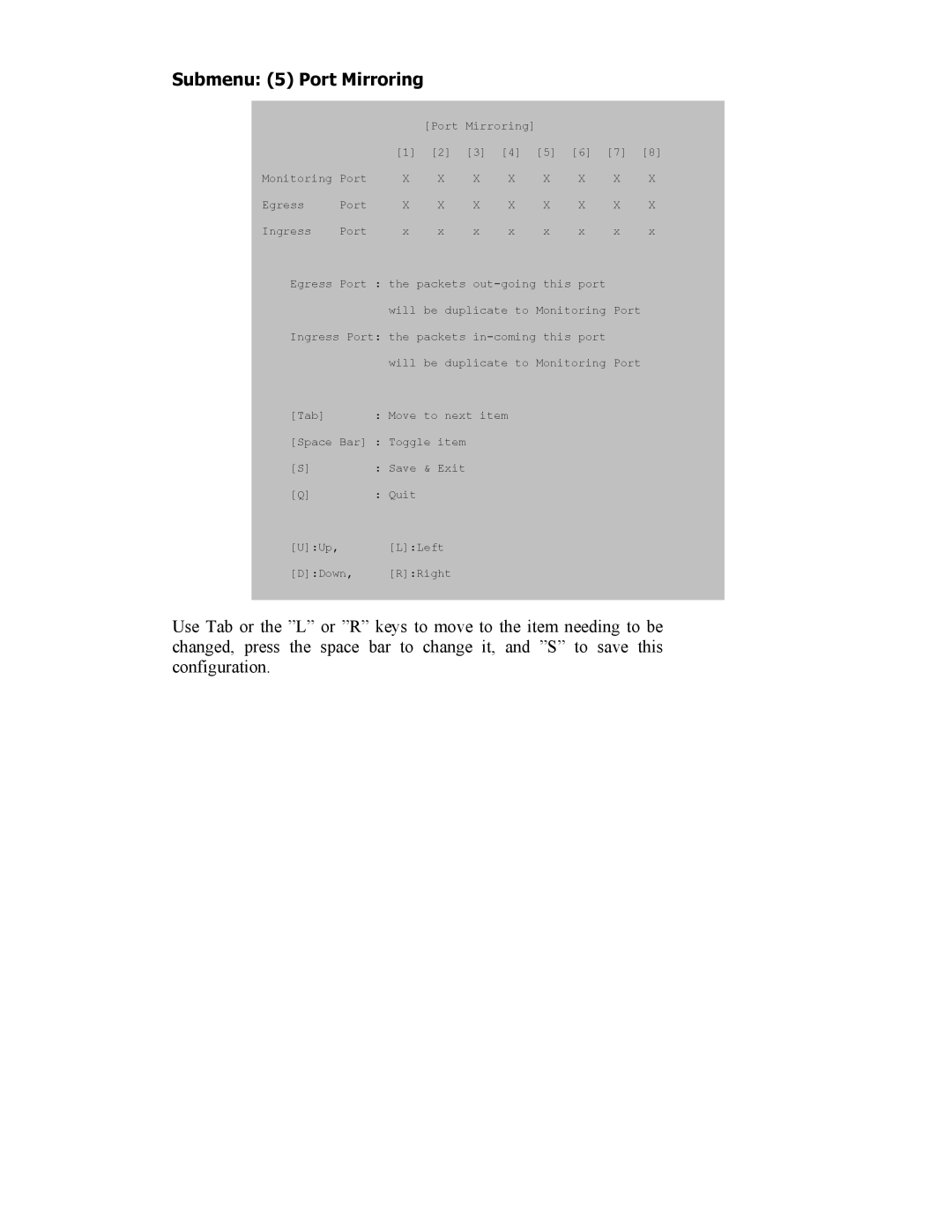 SMC Networks SMC8506T manual Submenu 5 Port Mirroring 