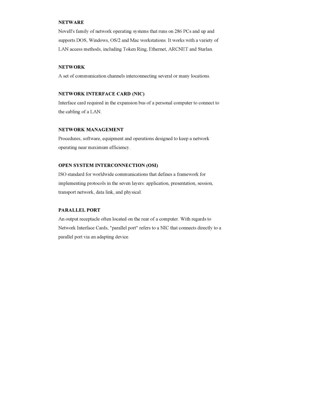 SMC Networks SMC8506T manual Netware, Network Interface Card NIC, Network Management, Open System Interconnection OSI 