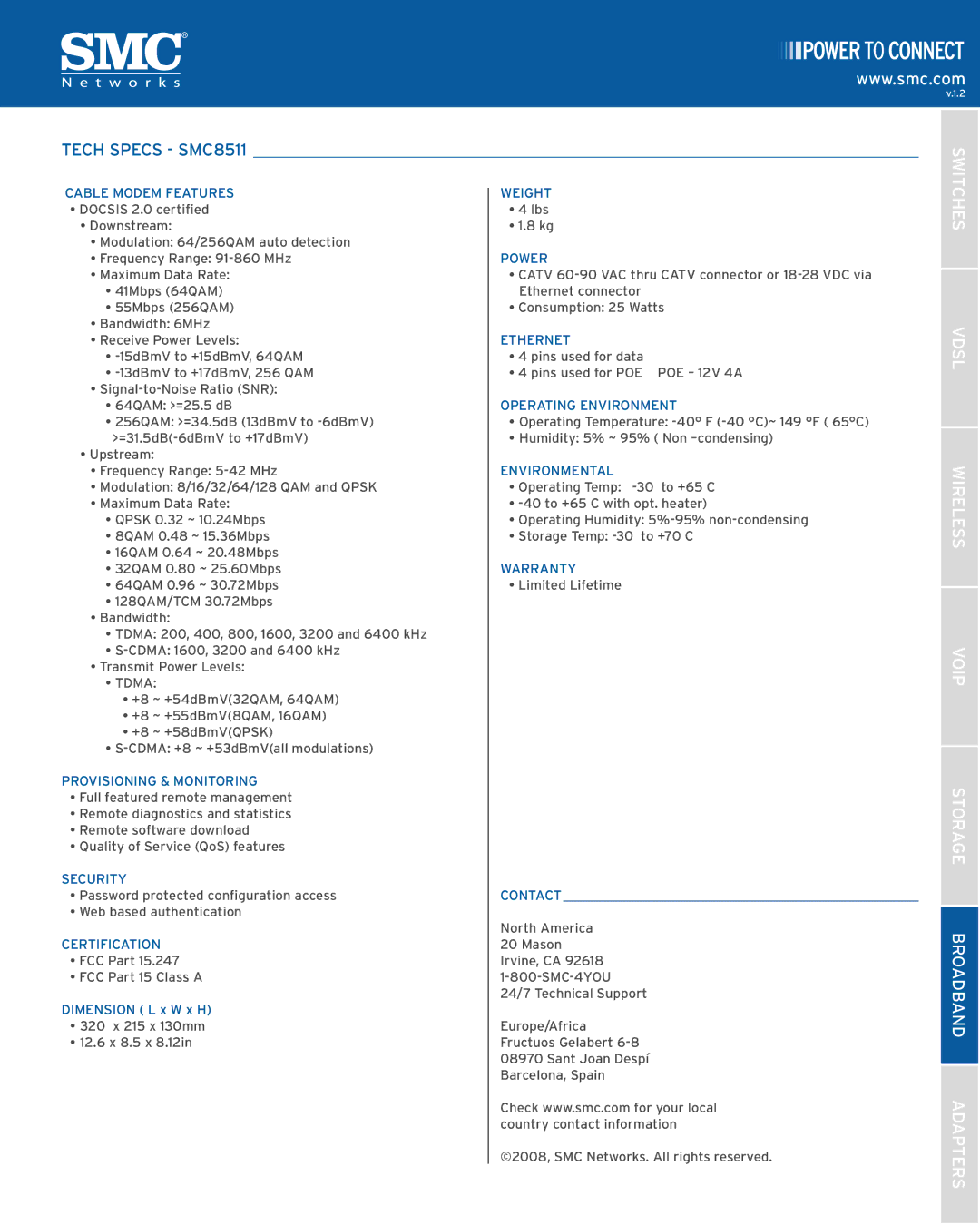 SMC Networks manual Tech Specs SMC8511 