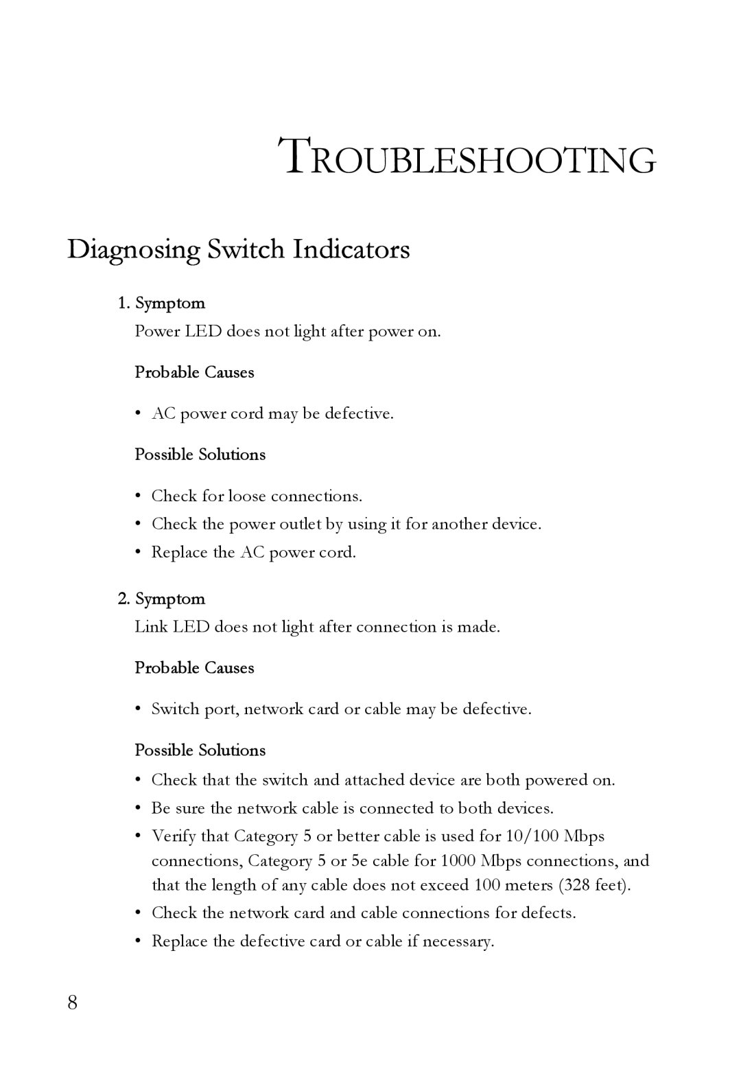 SMC Networks SMC8516T manual Troubleshooting, Diagnosing Switch Indicators, Symptom, Probable Causes, Possible Solutions 